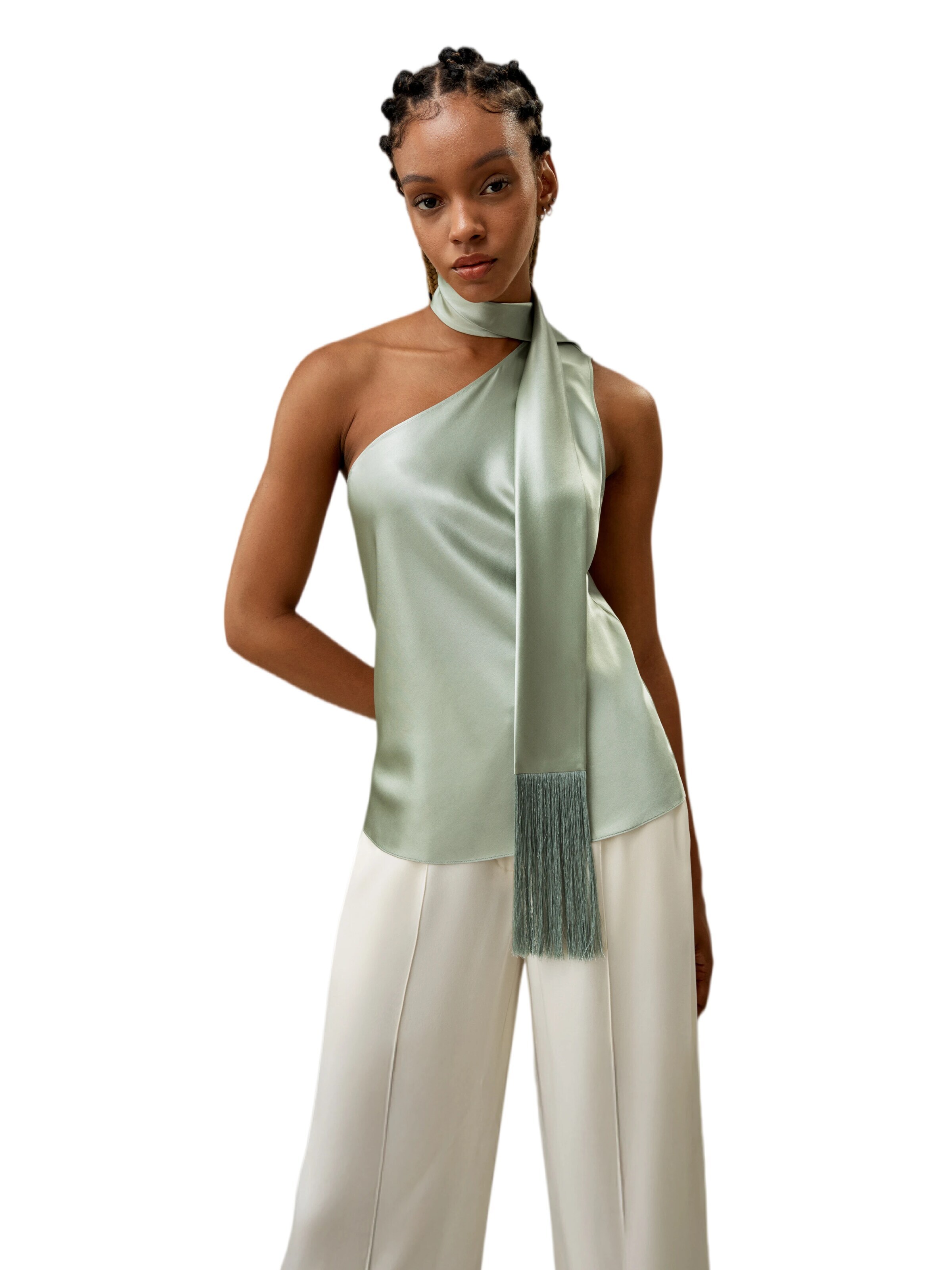 Lilysilk - Blusa 'One-Shoulder-Top mit Quastenschal' en azul
