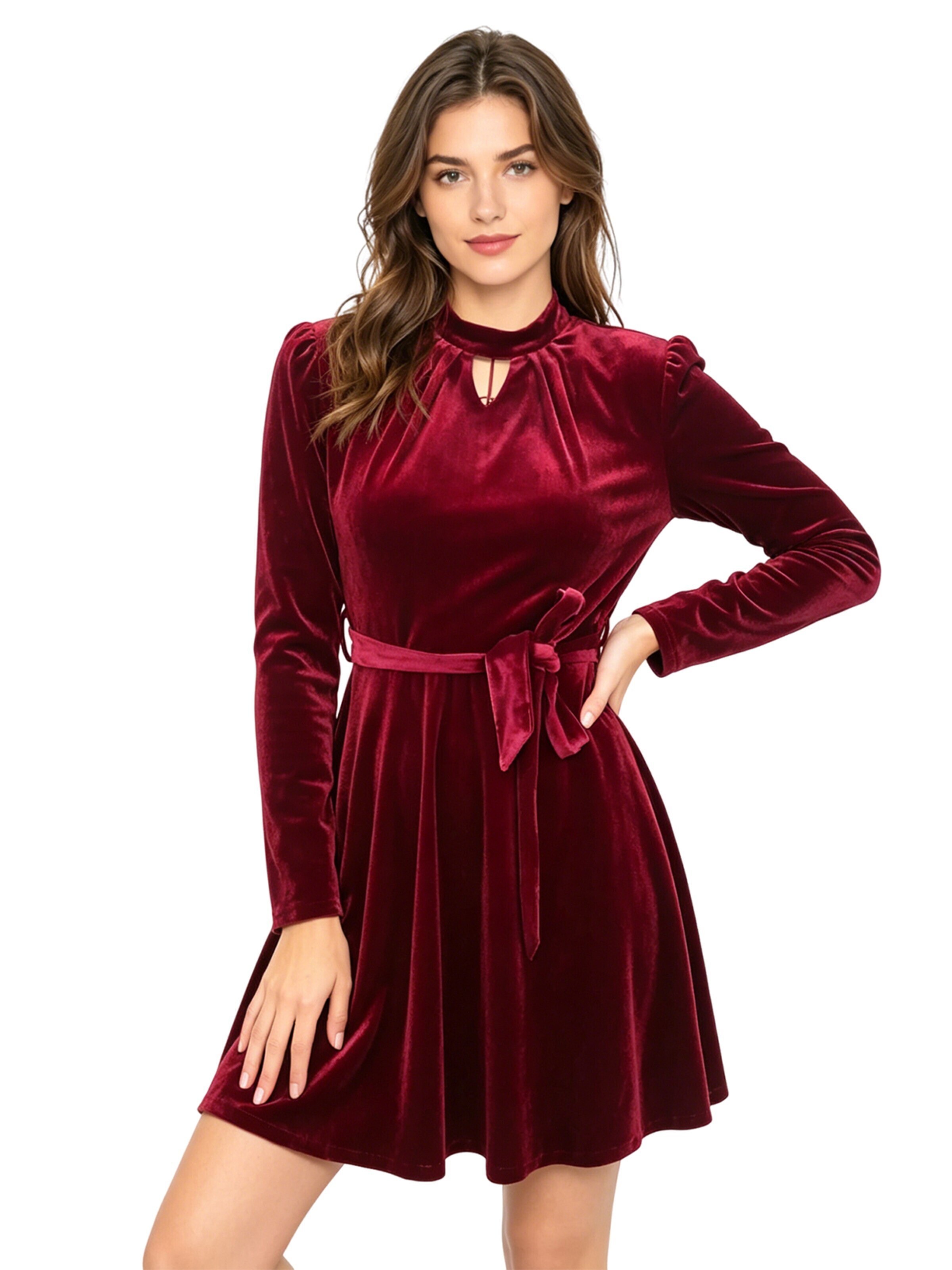 KoJooin Kleid 'Knielanges Samtkleid Langen Ärmeln Gürtel Damen Abschlusskleid für Party'‌‌‌‌‌ in Rot: Vorderseite