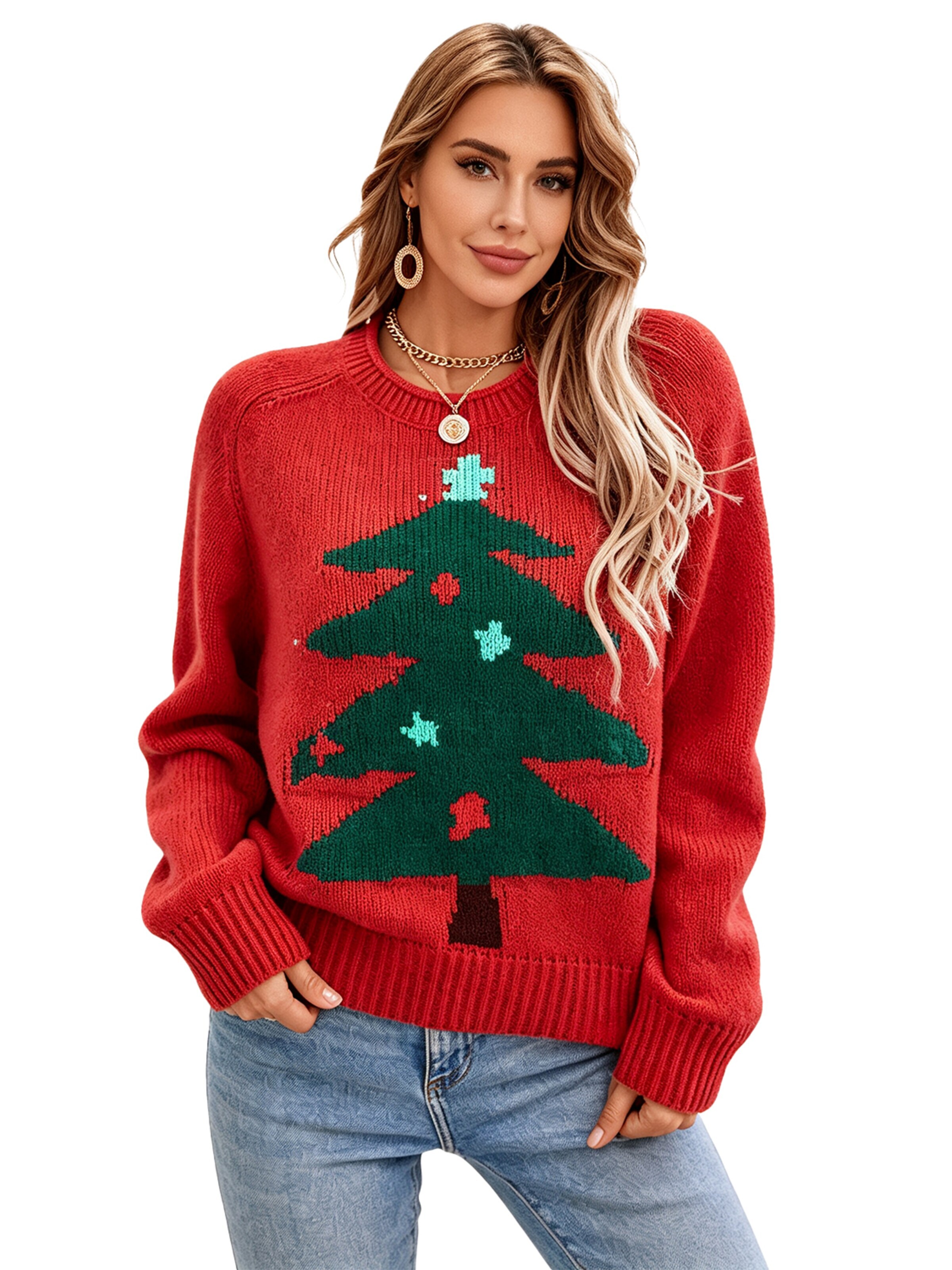 KoJooin Piżama 'Damen Ugly Christmas Pullover mit Weihnachtsbaum-Motiv Longsleeve Strickpullover für Festliche' w kolorze czerwony
