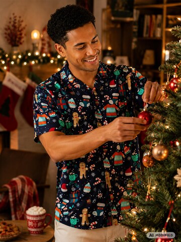 King Kameha Regular Fit Hemd 'Christmas Gingerbread'‌‌‌‌‌‌‌‌‌ in Blau