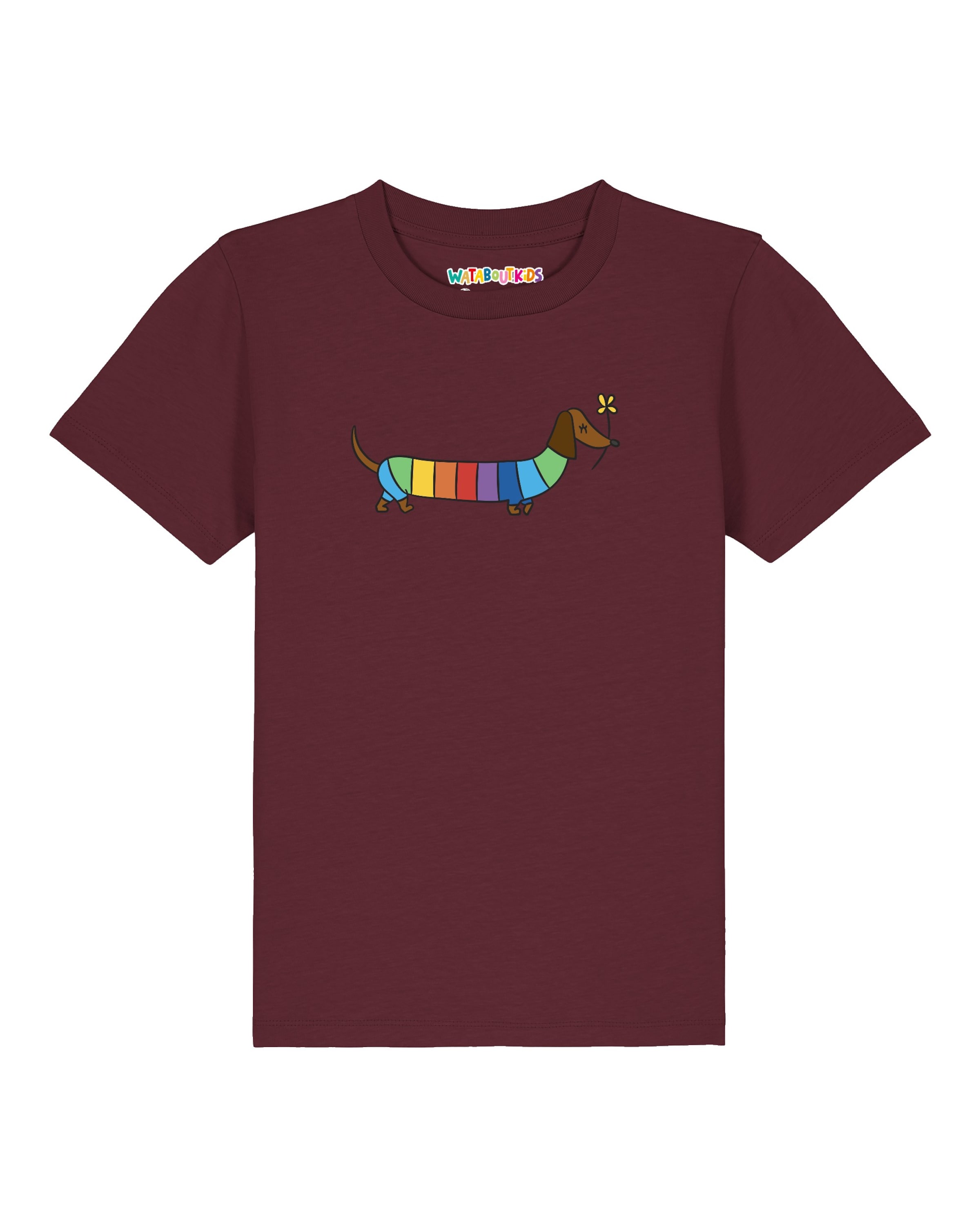 watabout.kids T-Shirt 'Regenbogen Dackel' in Rot: Vorderseite