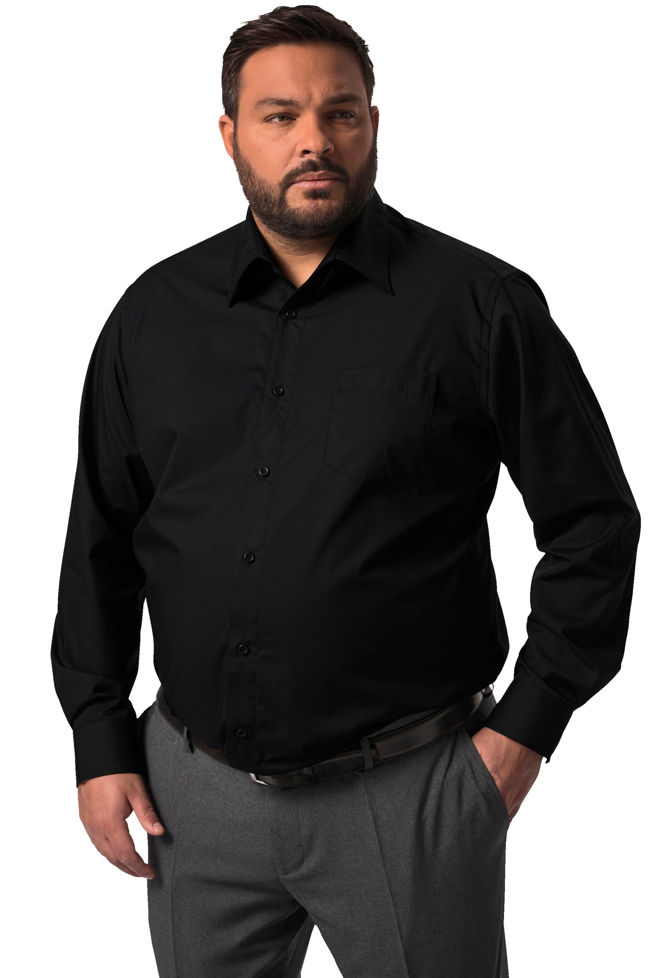 Men Plus Comfort fit Overhemd in Zwart: voorkant