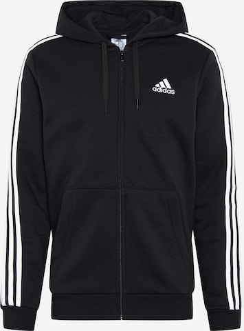 ADIDAS SPORTSWEAR Skinny Athletic Zip-Up Hoodie 'Essentials Fleece 3-Stripes ' in Black: front