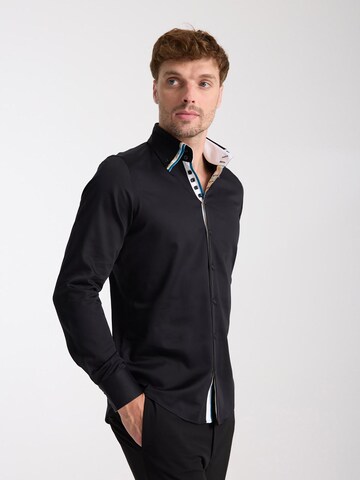 7Camicie Slim fit Zakelijk overhemd 'Vesuvio Satin Man Shirt Blue' in Zwart