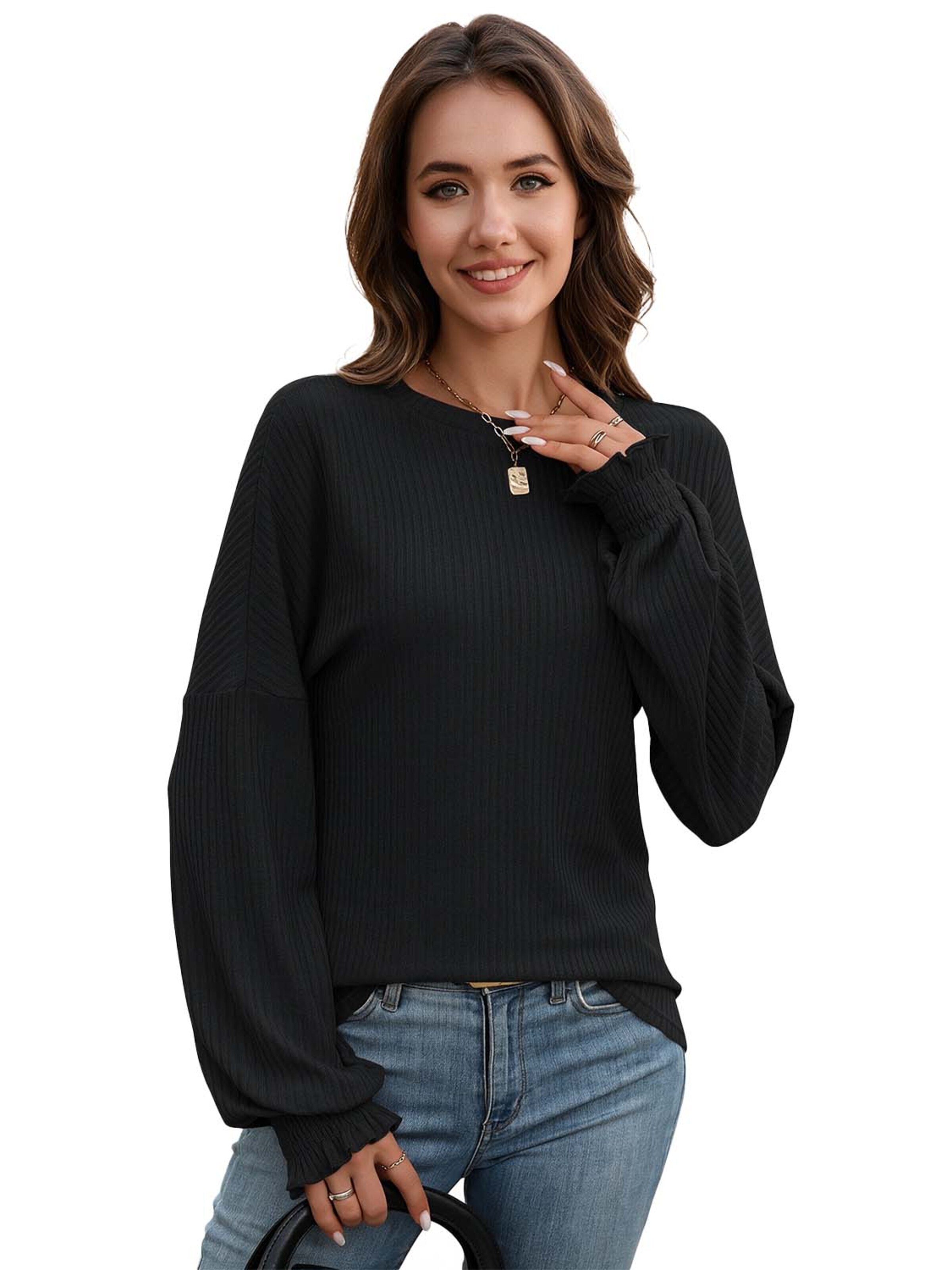 KoJooin Top z dzianiny 'Damen Langarmshirt mit Rundhalsausschnitt und lockerer Rippstruktur' w kolorze czarny