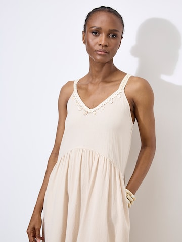 Apricot Bead Embellished Cotton Midaxi Dress ' ' in Beige