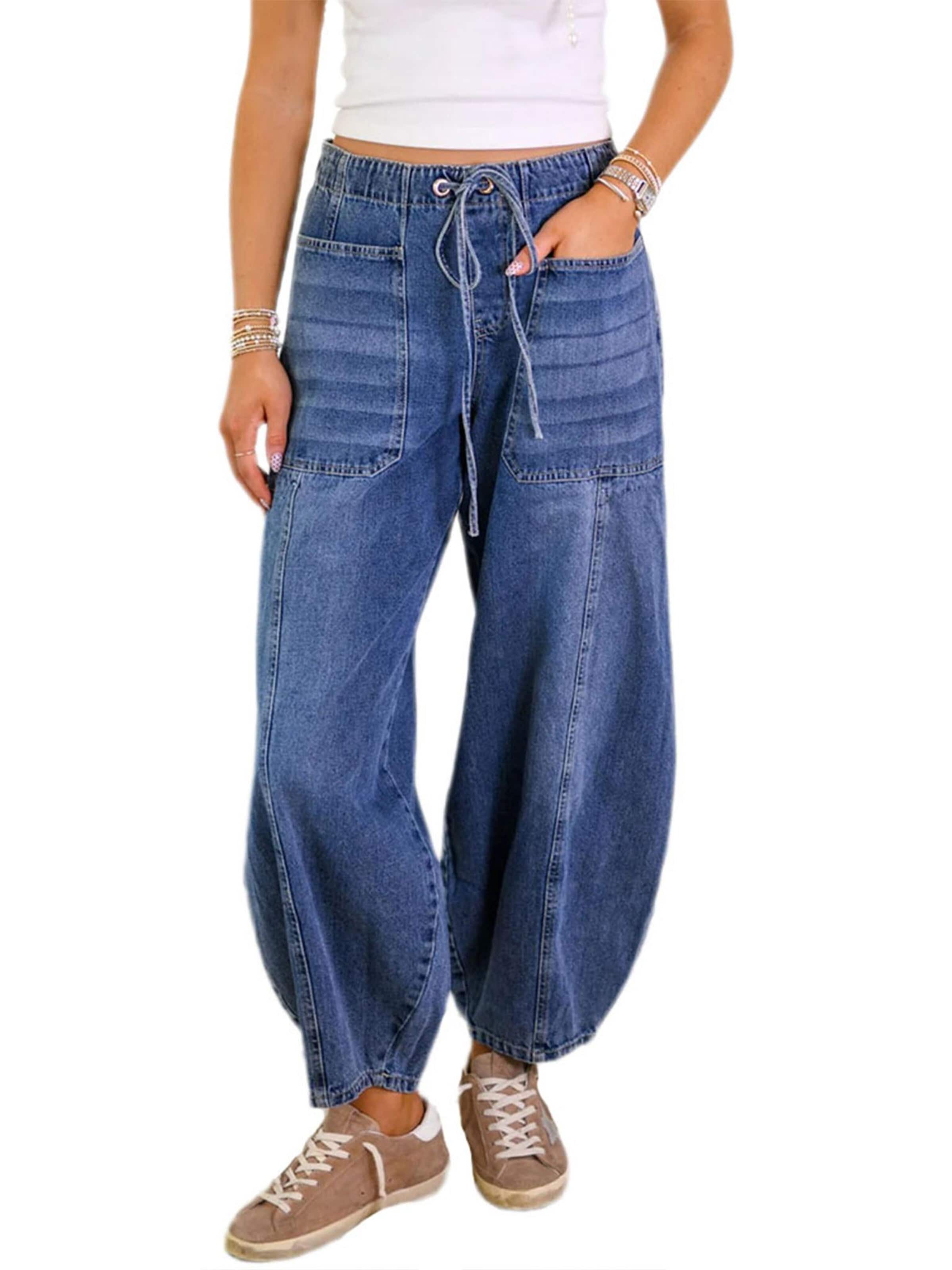 KoJooin Normalny krój Spodnie 'Damen Stretch-Jeans mit Kordelzug, hohem Bund, lockerem, weitem Bein und Baggy-Jeans' w kolorze niebieski
