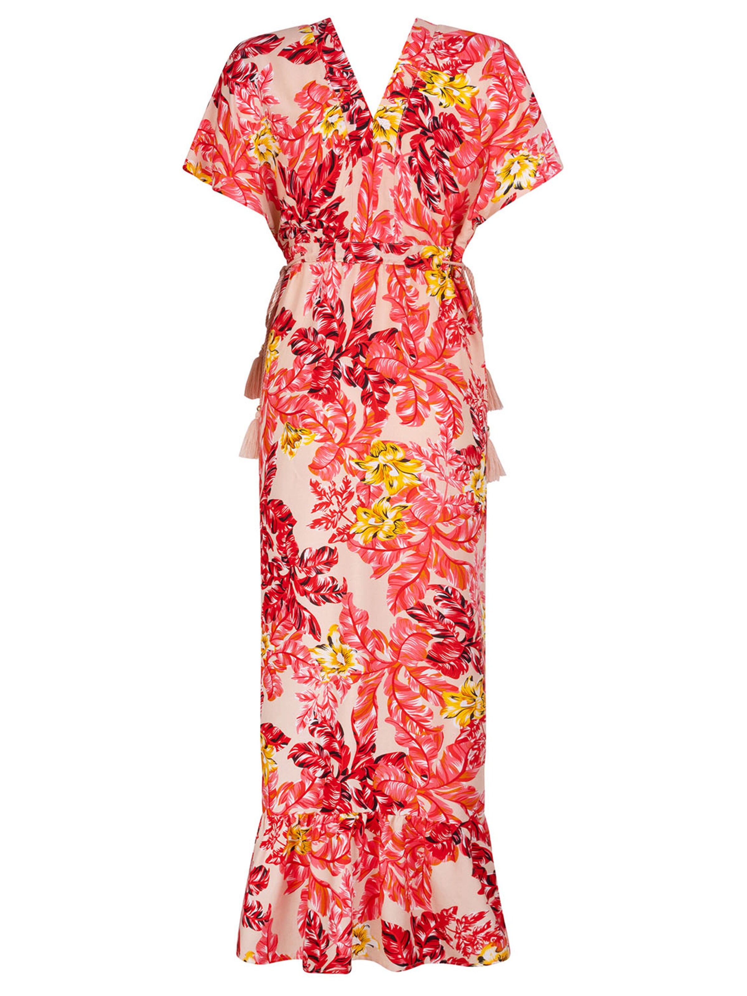 Chic by Lirette Jurk 'Kimono dress Flamingo Garden' in Roze: voorkant