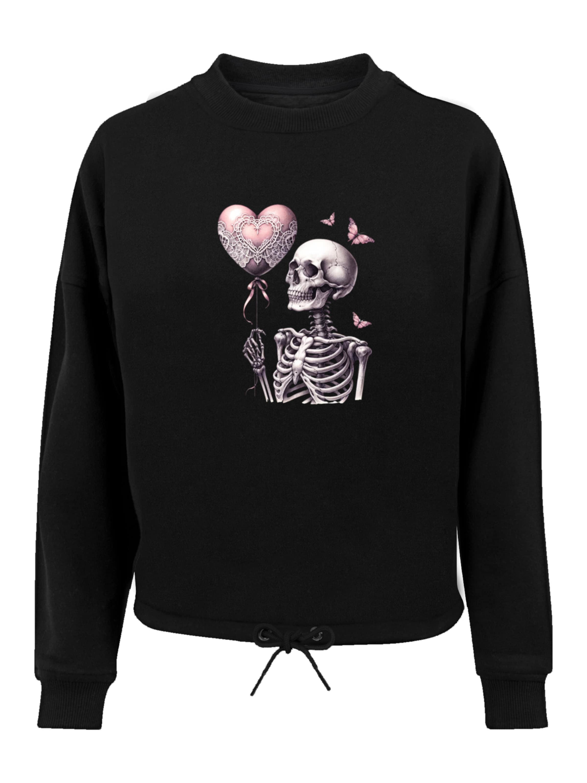 F4NT4STIC Sweatshirt 'Skelett Hält Herzballon' in Schwarz: Vorderseite