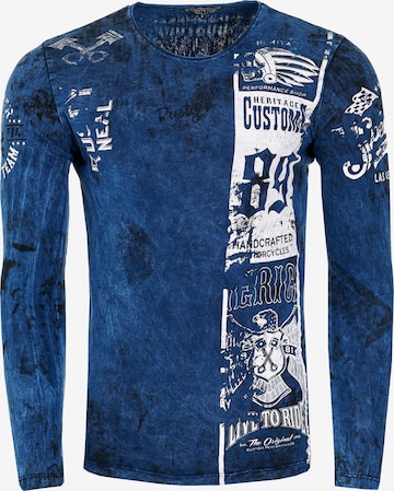 Rusty Neal Langarmshirt mit plakativem Front & Back Print in Blau: predná strana