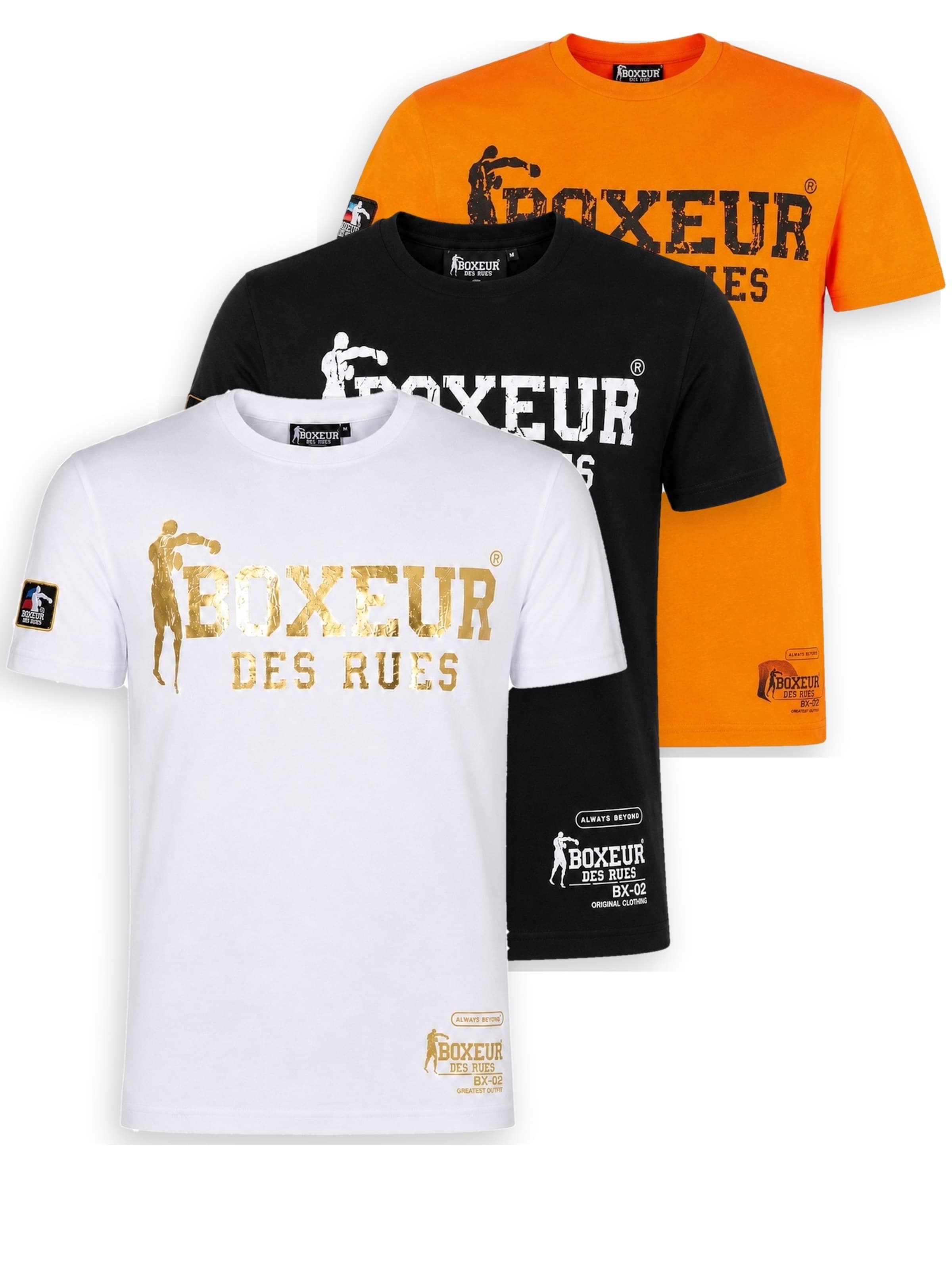 T-Shirt 'Herren T-Shirt 3er-Pack Boxeur des Rues Slim Fit: Weiß, Goldenes Logo + Schwarz, Weißes Logo + Orange, Schwarzes Logo' Boxeur des Rues en multicouleur : devant