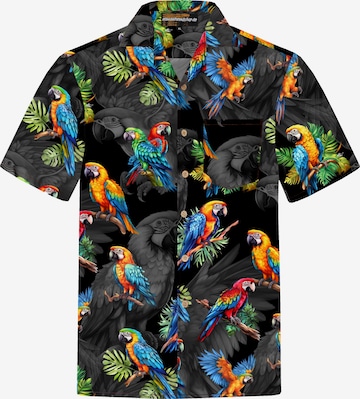 Hawaiihemdshop.deRegular Fit Košulja 'Hawaiihemd Hawaiian Parrots' - crna boja: prednji dio