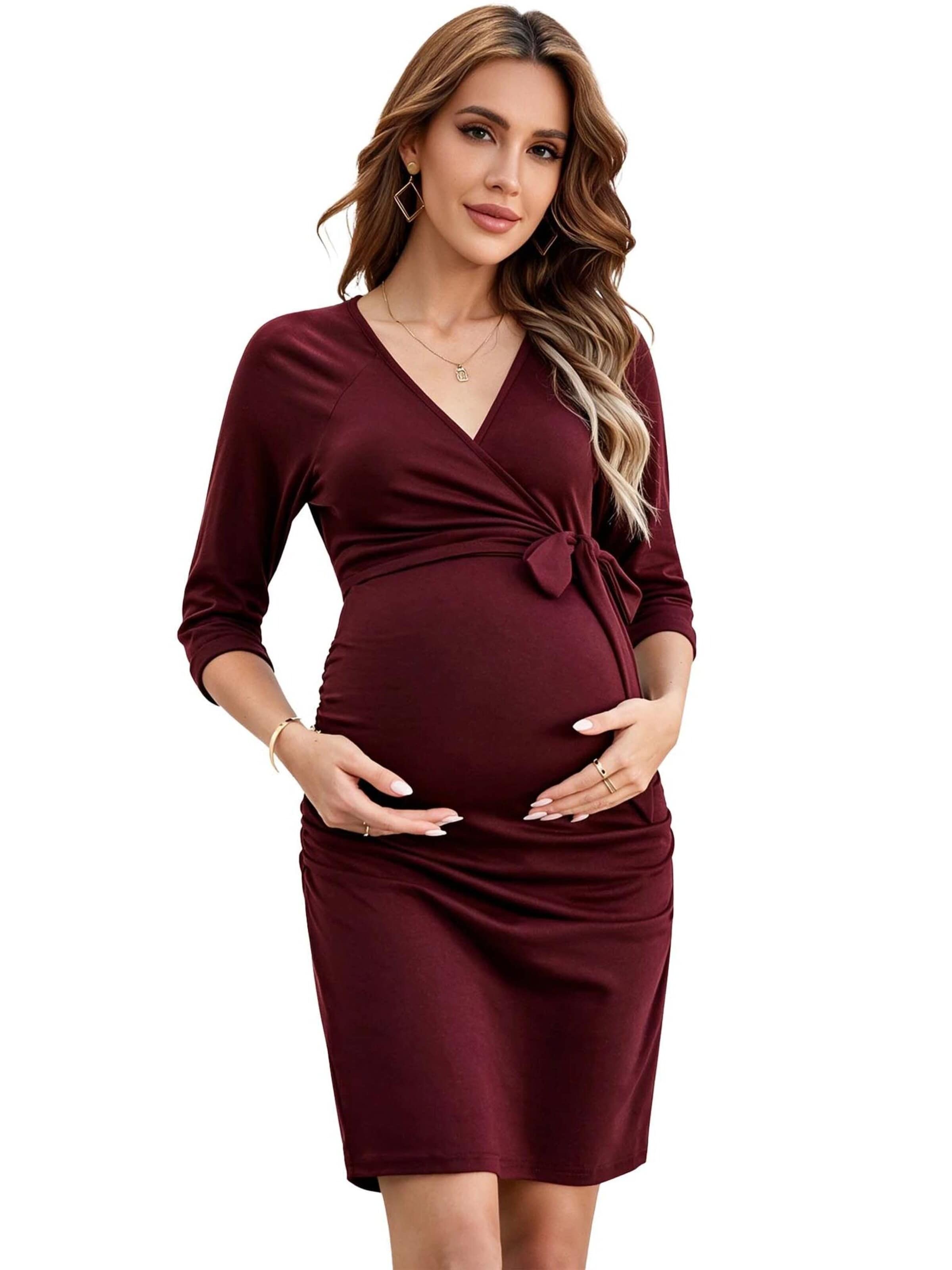 KoJooin Dress 'Damen-Wickelkleid mit V-Ausschnitt, 3/4-Ärmeln und praktischer Stillöffnung' in Red: front
