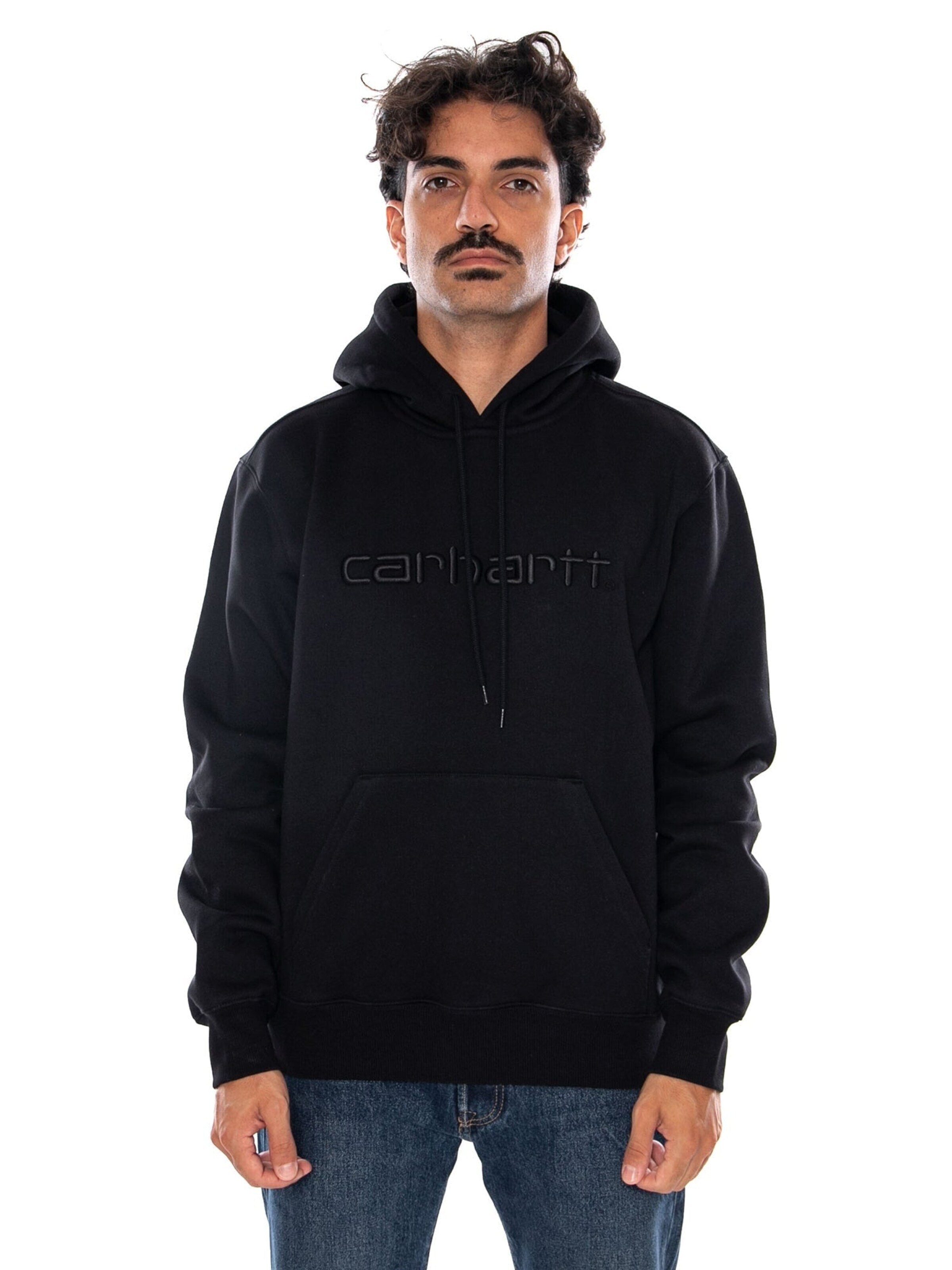 Carhartt WIP Sweatshirt 'HOODED CARHARTT SWEAT BLACK / BLACK' in Zwart: voorkant