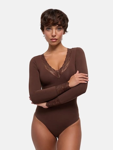 cfab - Body moldeador 'Clean Longsleeve V-Neck with Lace Sculpting Bodysuit with String' en marrón