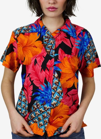 King Kameha Blouse 'Pineapple Hibiscus Black Line' in Rood: voorkant