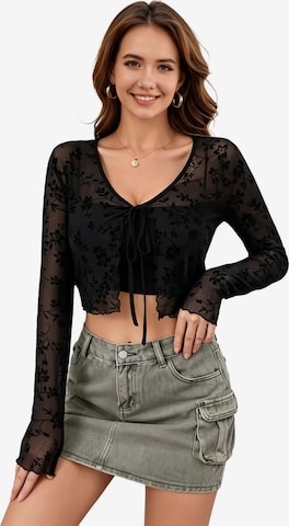 KoJooin Kardigan 'Damen-Crop-Cardigan mit langen Ärmeln,floraler Spitze,transparentem Mesh-Einsatz und Bindeband vorne' w kolorze czarny: przód