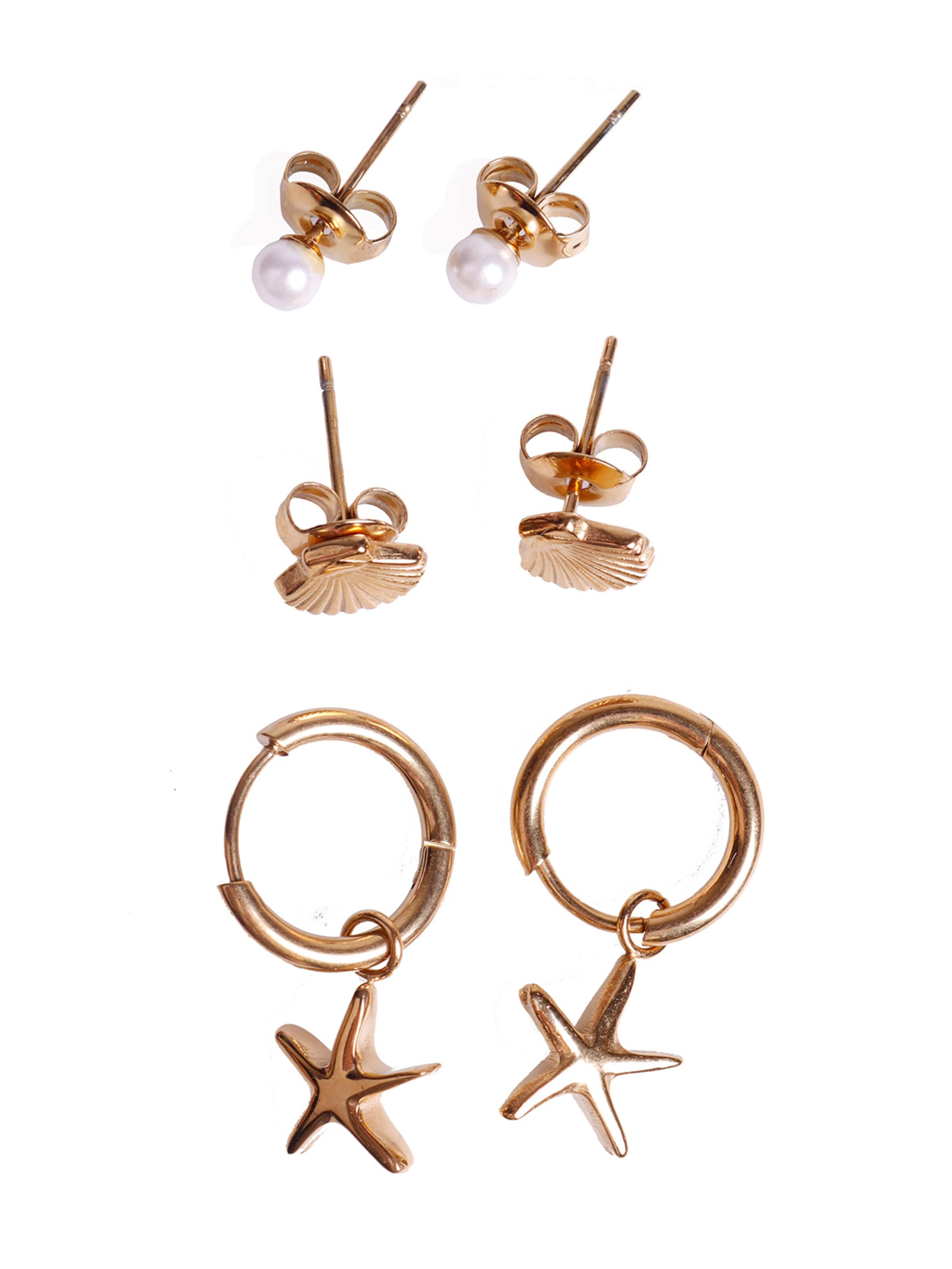 Capelli New York Piercingschmuck '3er Ohrring-Set mit Seestern, Muschel & Perlen – Edelstahl 18K vergoldet'‌‌‌‌‌‌‌‌‌‌ in Gold: Vorderseite