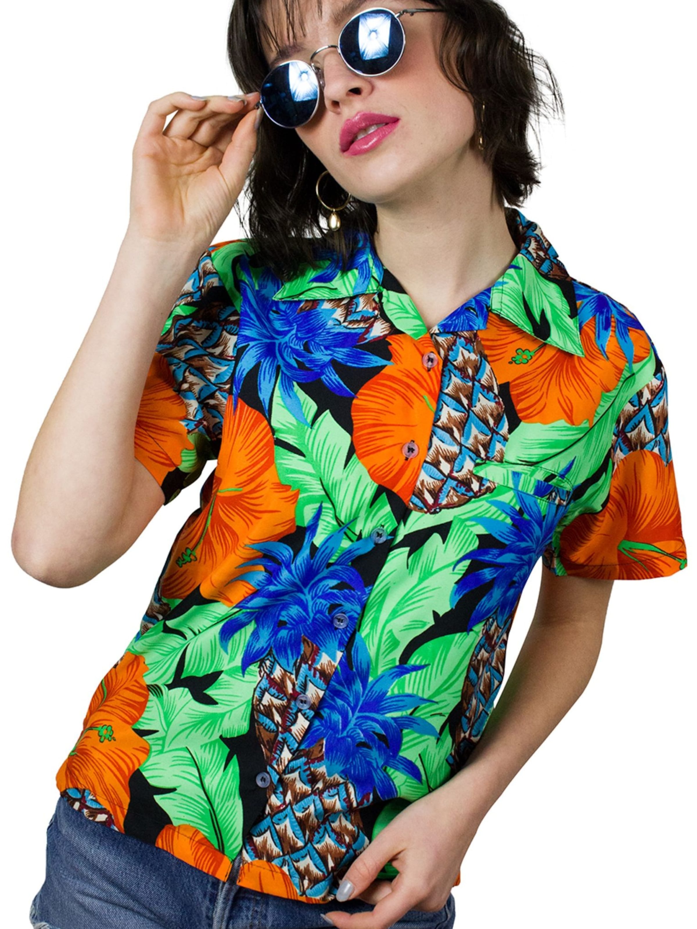 King Kameha Bluse 'Pineapple Hibiscus Black Line'‌‌‌‌ in Grün: Vorderseite