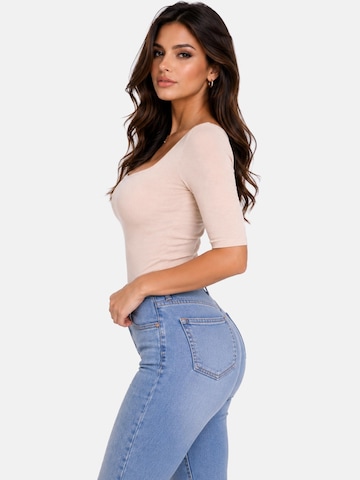 PANTHEROAR Tričko 'Caro Neck Short Sleeve Top' - Béžová