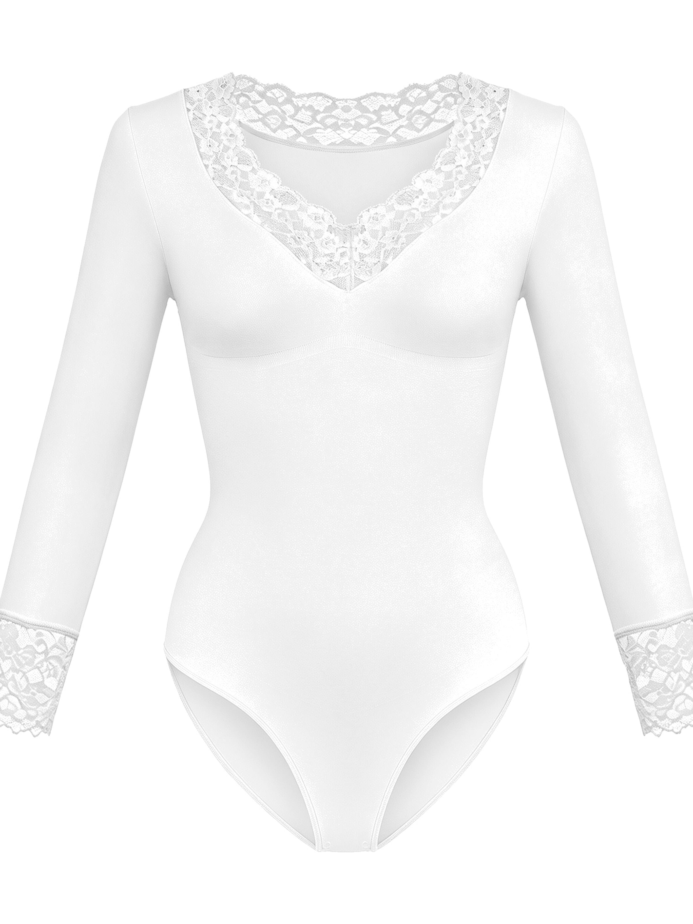 cfab - Body moldeador 'Clean Longsleeve V-Neck with Lace Sculpting Bodysuit with Slip' en blanco: frente
