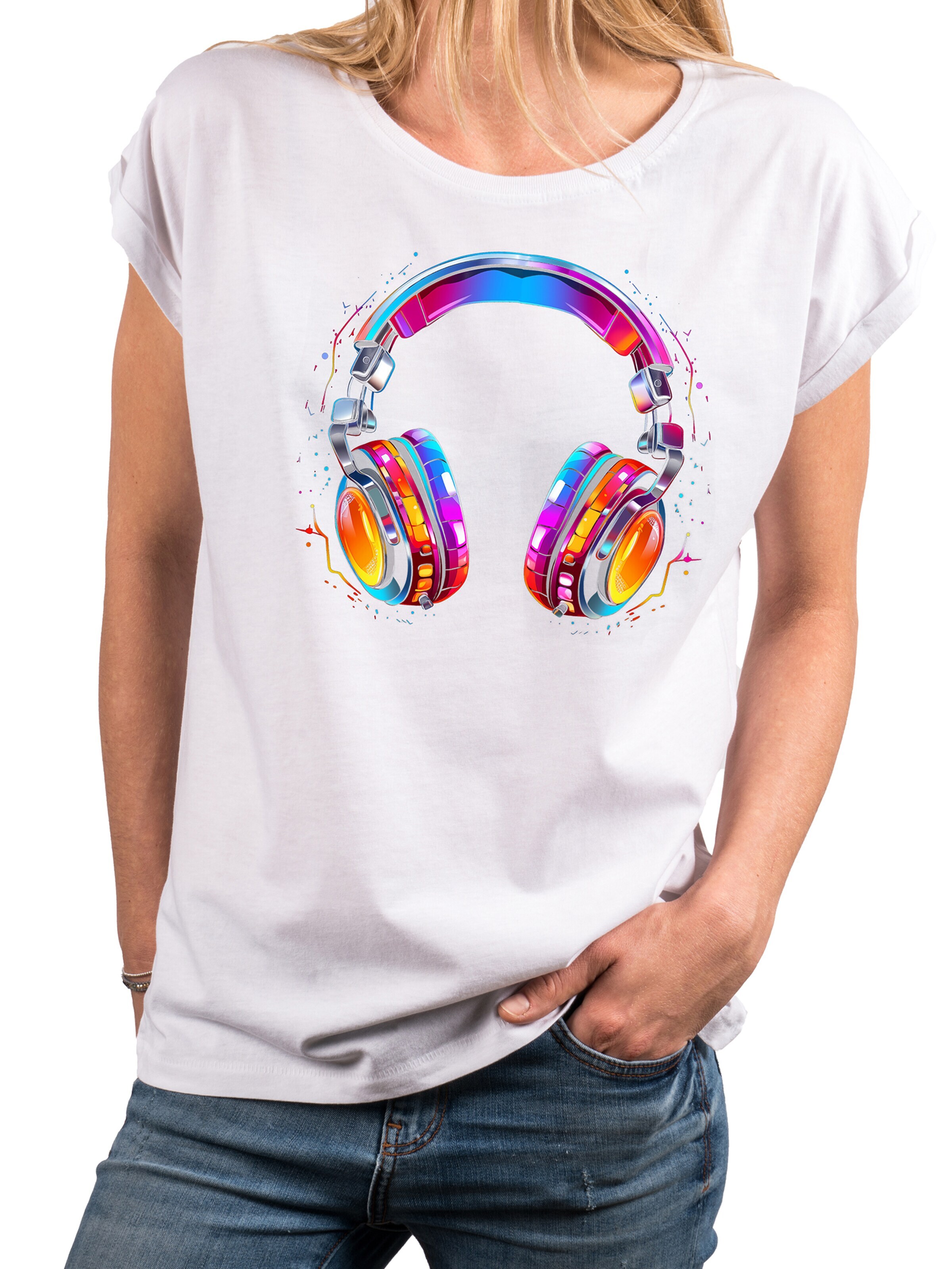 MAKAYA Shirt 'Kopfhörer Bunt' in White