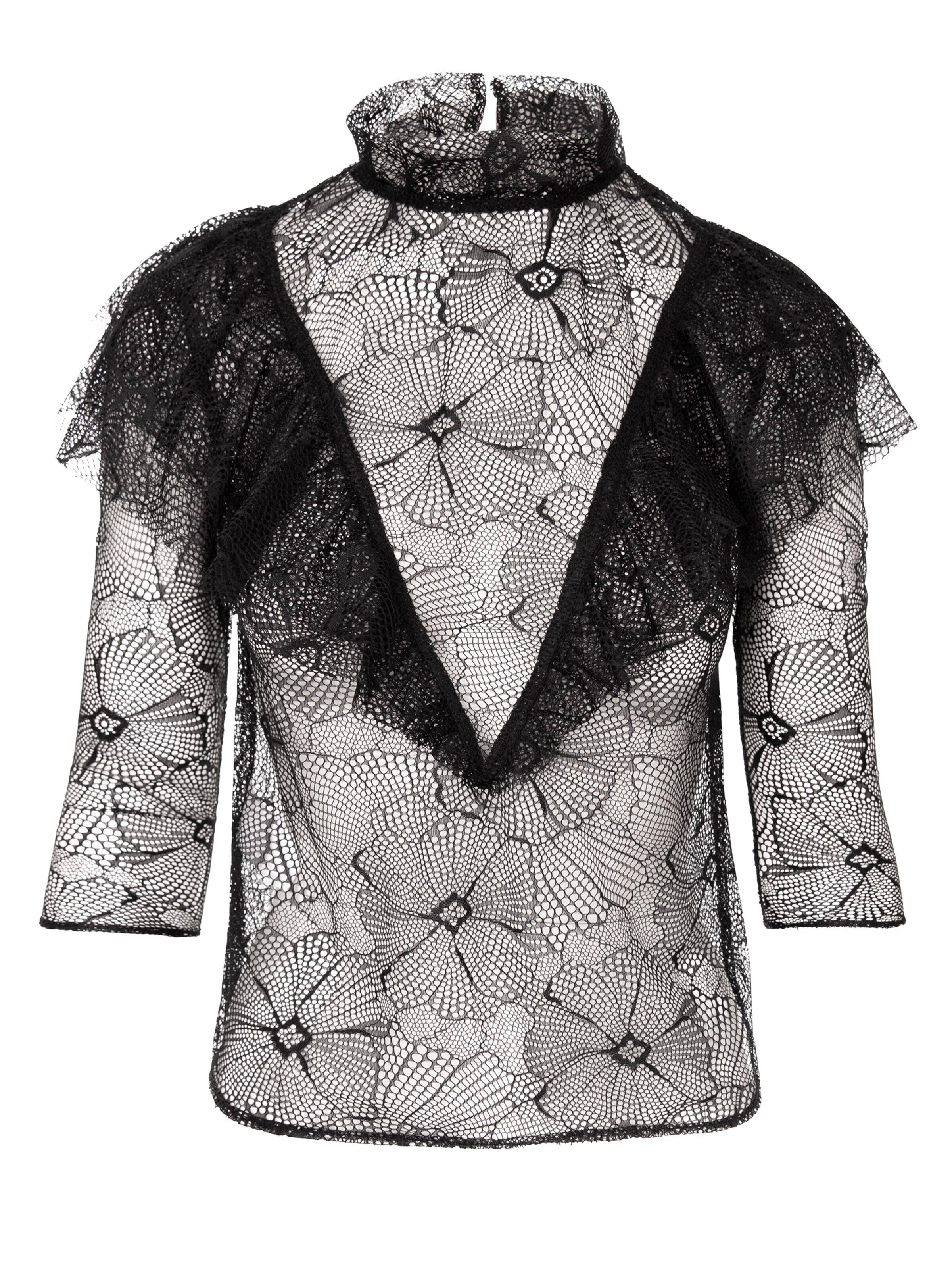 AVENUE N°29 Bluse 'Sheer Floral Lace Ruffle Blouse' i XXS i sort, Produktvisning