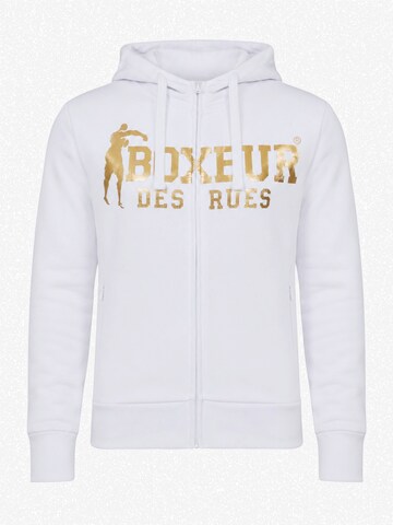 Boxeur des Rues - Traje para estar en casa 'Herren Set Boxeur des Rues: Fitted Hoodie mit Reißverschluss Weiß + Jogginghose Schwarz, Goldenes vertikales Logo' en Mezcla de colores