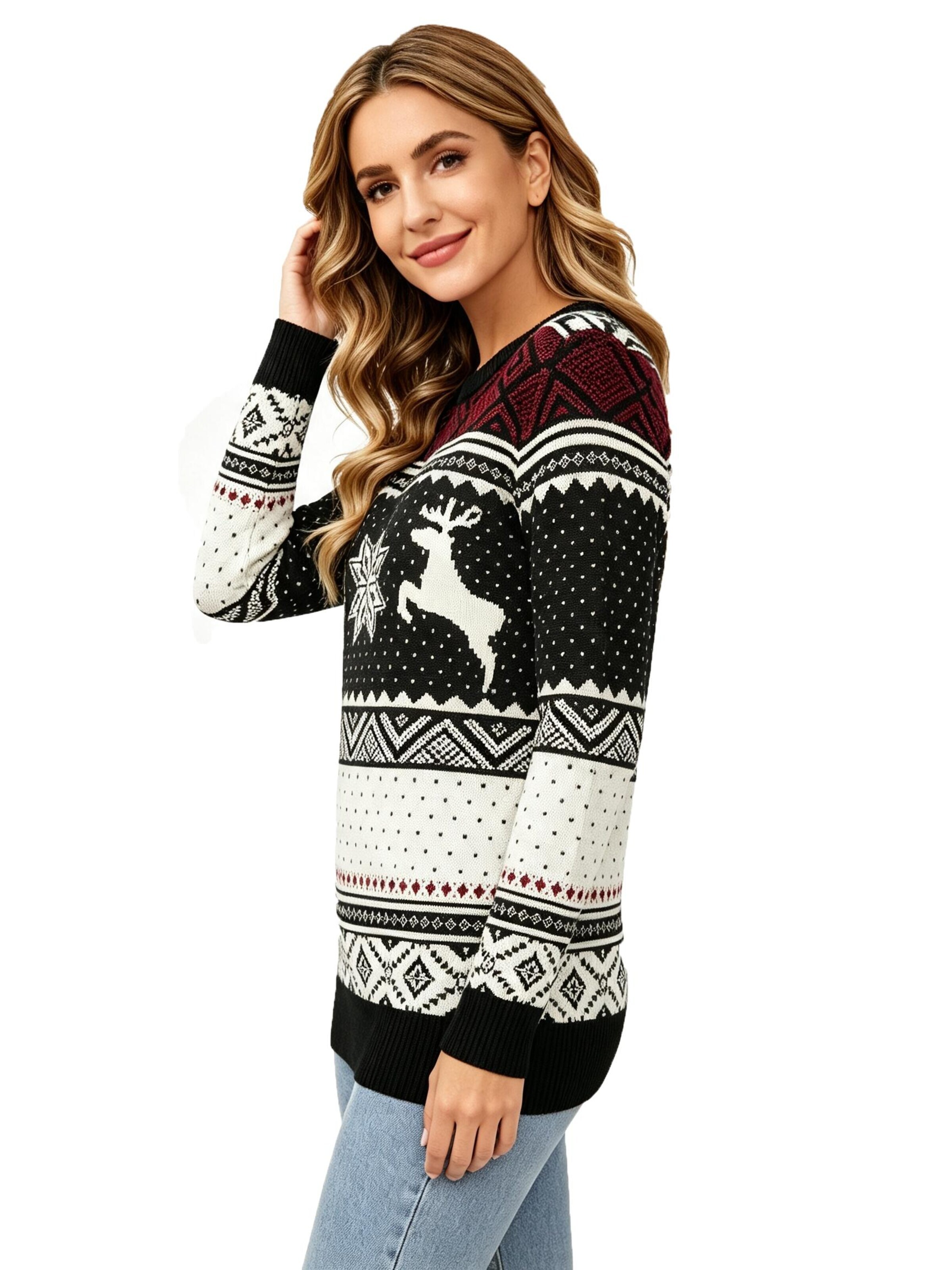 KoJooin Svetr 'Weihnachtspullover für Damen Langarm Pullover mit Rundhalsausschnitt' – černá