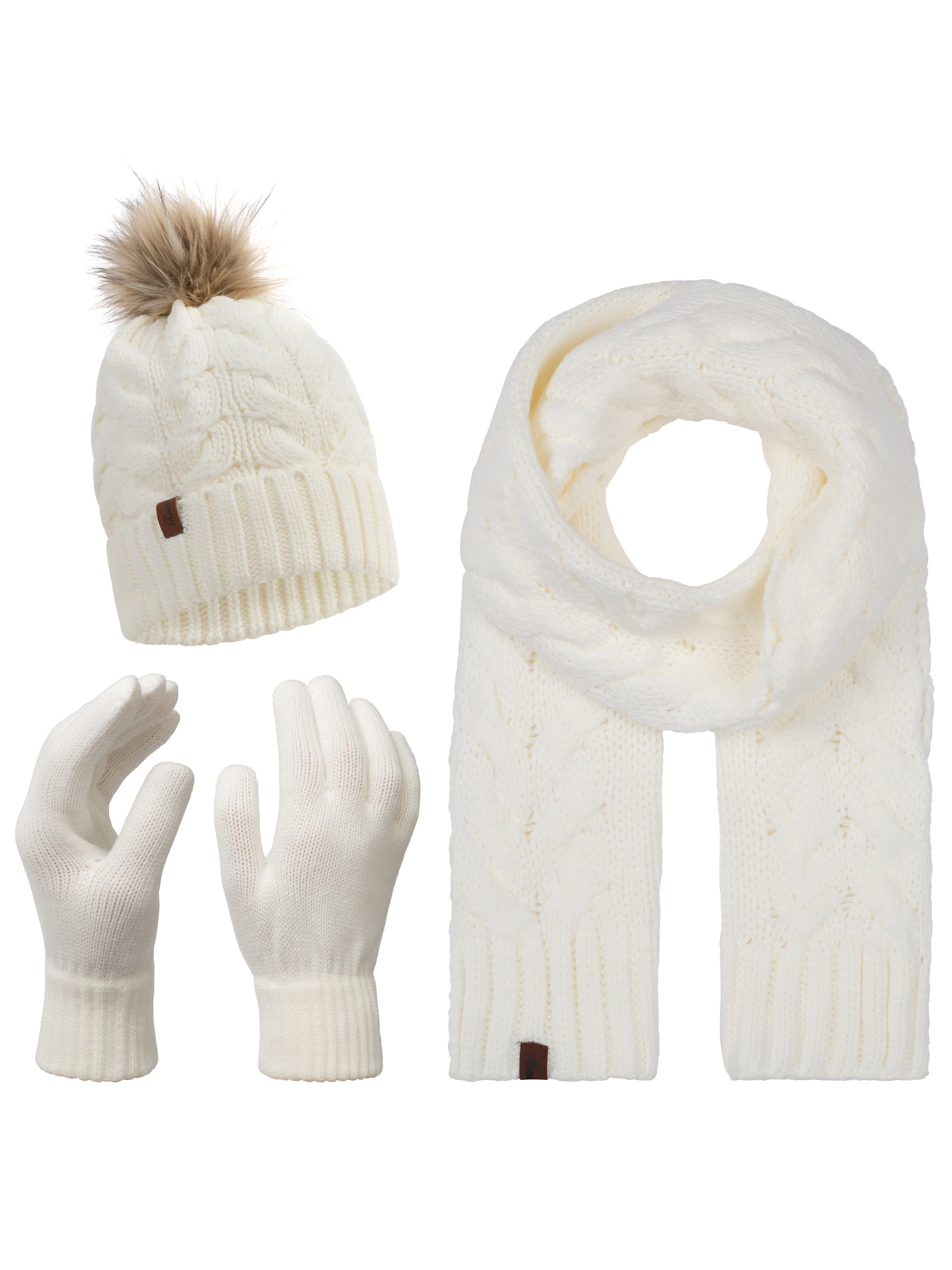 Rock Creek Set: Schal, Mütze, Handschuhe in Weiß: Vorderseite