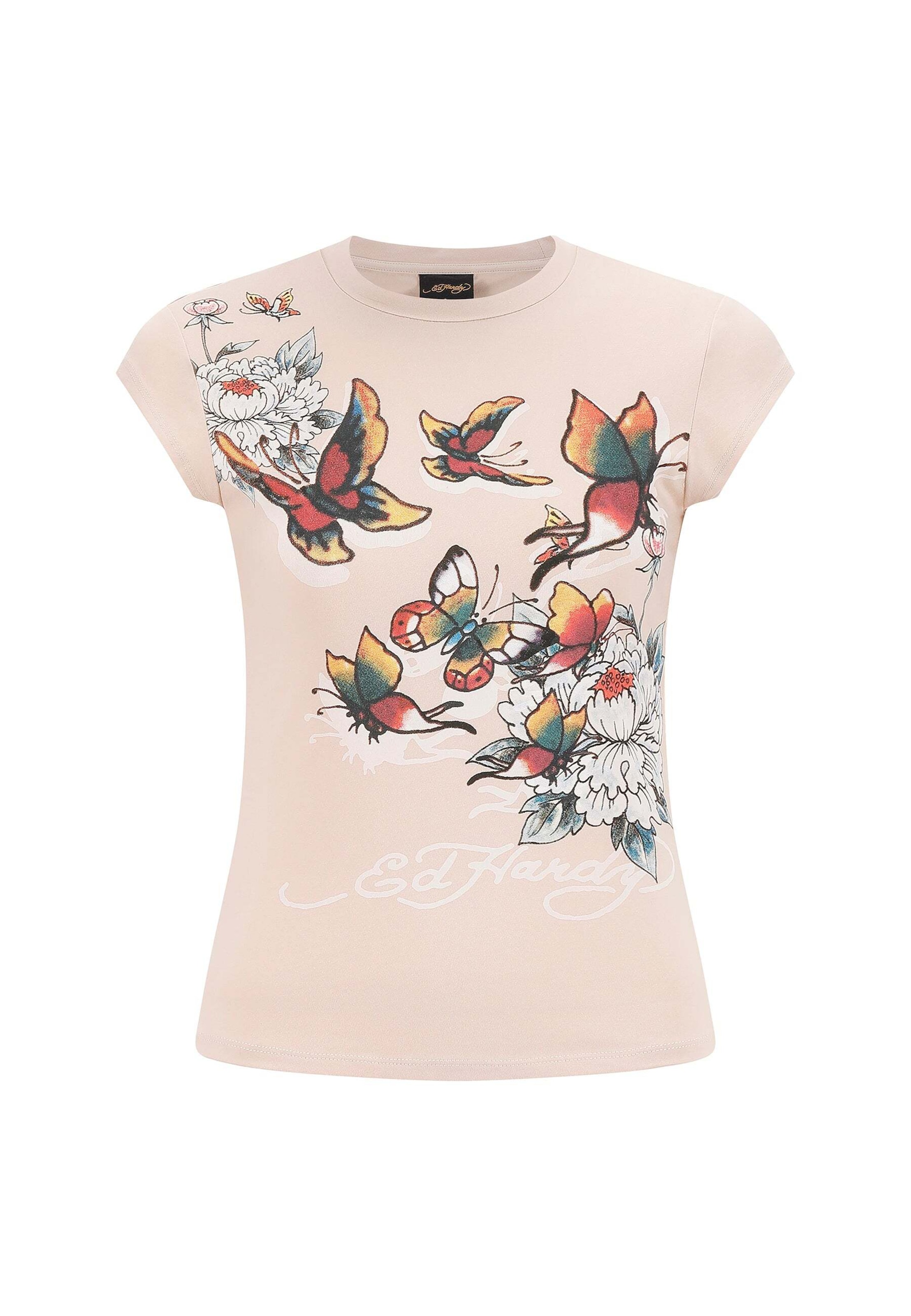 Ed Hardy Shirt 'Schmetterling Blumen' in Beige: front