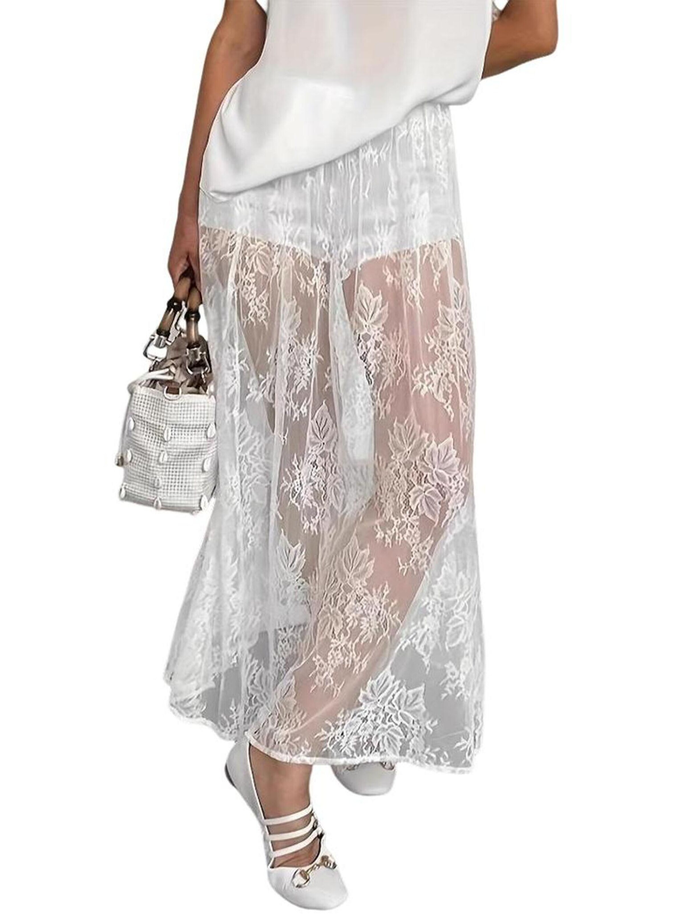KoJooin Skirt 'Transparenter Maxirock aus Spitze für Damen,hochtailliert,aus durchsichtigem Mesh,A-Linie,fließend' in White
