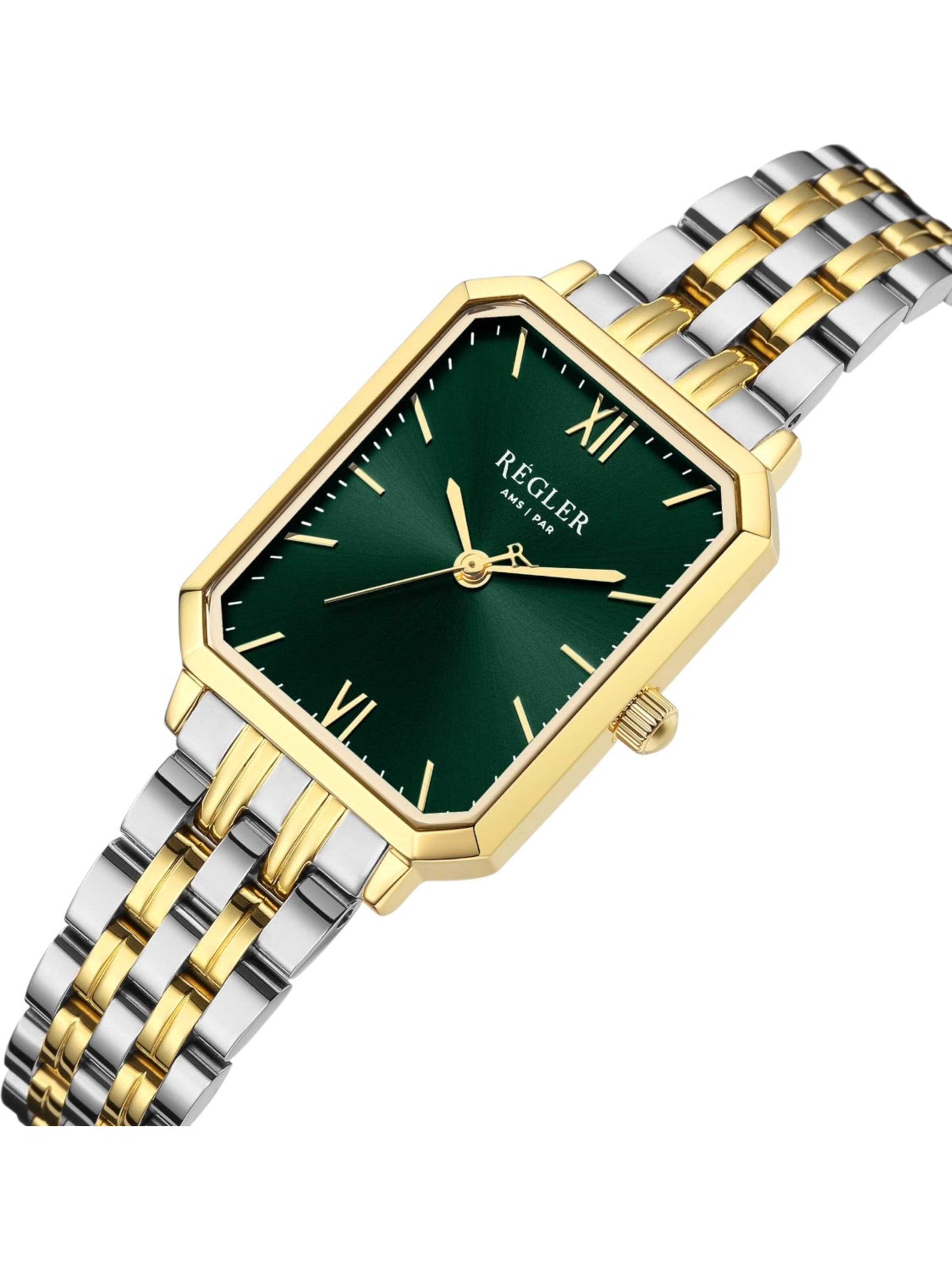 Régler Zegarek analogowy 'Régler Élégance Steel Bicolor Silver/Gold - Green' w kolorze złoty