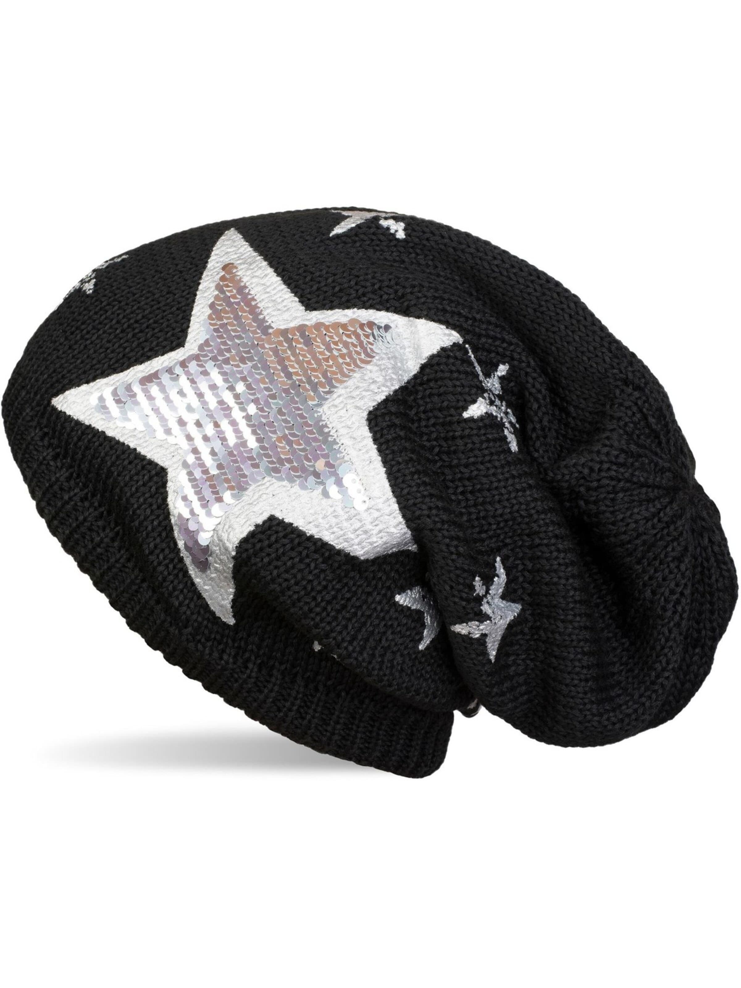 styleBREAKER Mütze 'Strick Beanie mit Pailletten Stern Print'‌‌‌‌‌‌‌‌‌‌ in Schwarz: Vorderseite