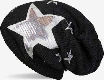 styleBREAKER Mütze 'Strick Beanie mit Pailletten Stern Print' in Schwarz: Vorderseite
