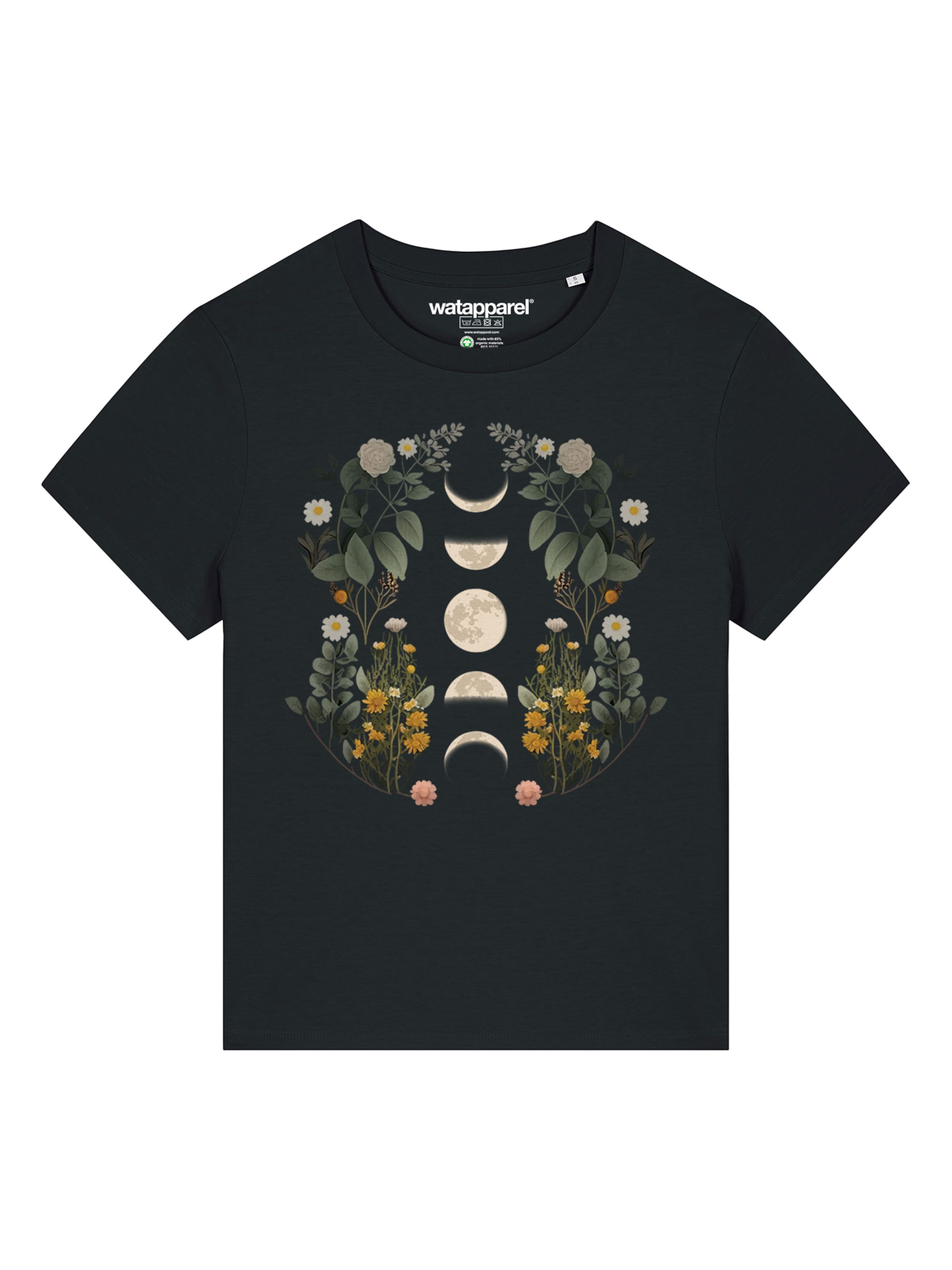 Maglietta 'Moonphases & Flowers' di Watapparel in nero: frontale
