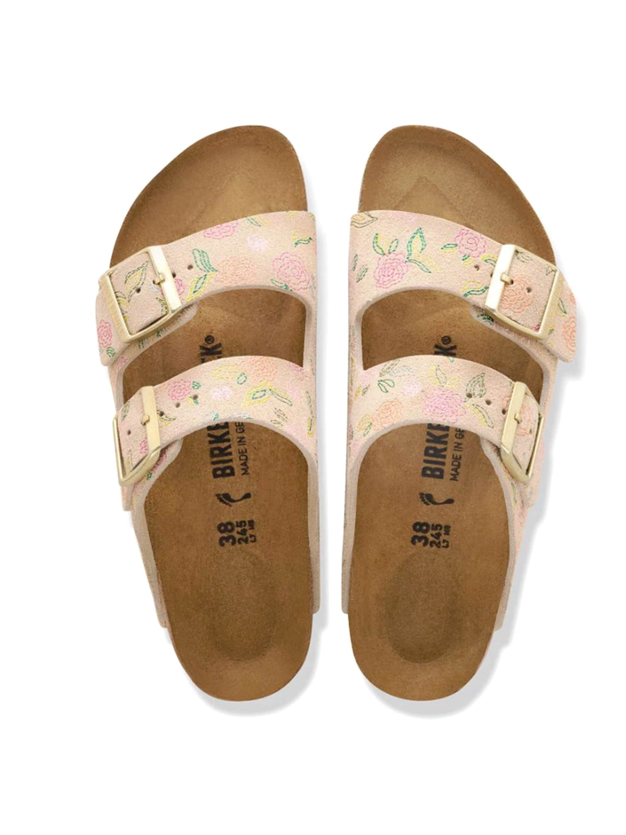 BIRKENSTOCK Klapki 'ARIZONA SUEDE LEATHER NARROW FIT SANDCASTLE FLOWER' w kolorze brązowy