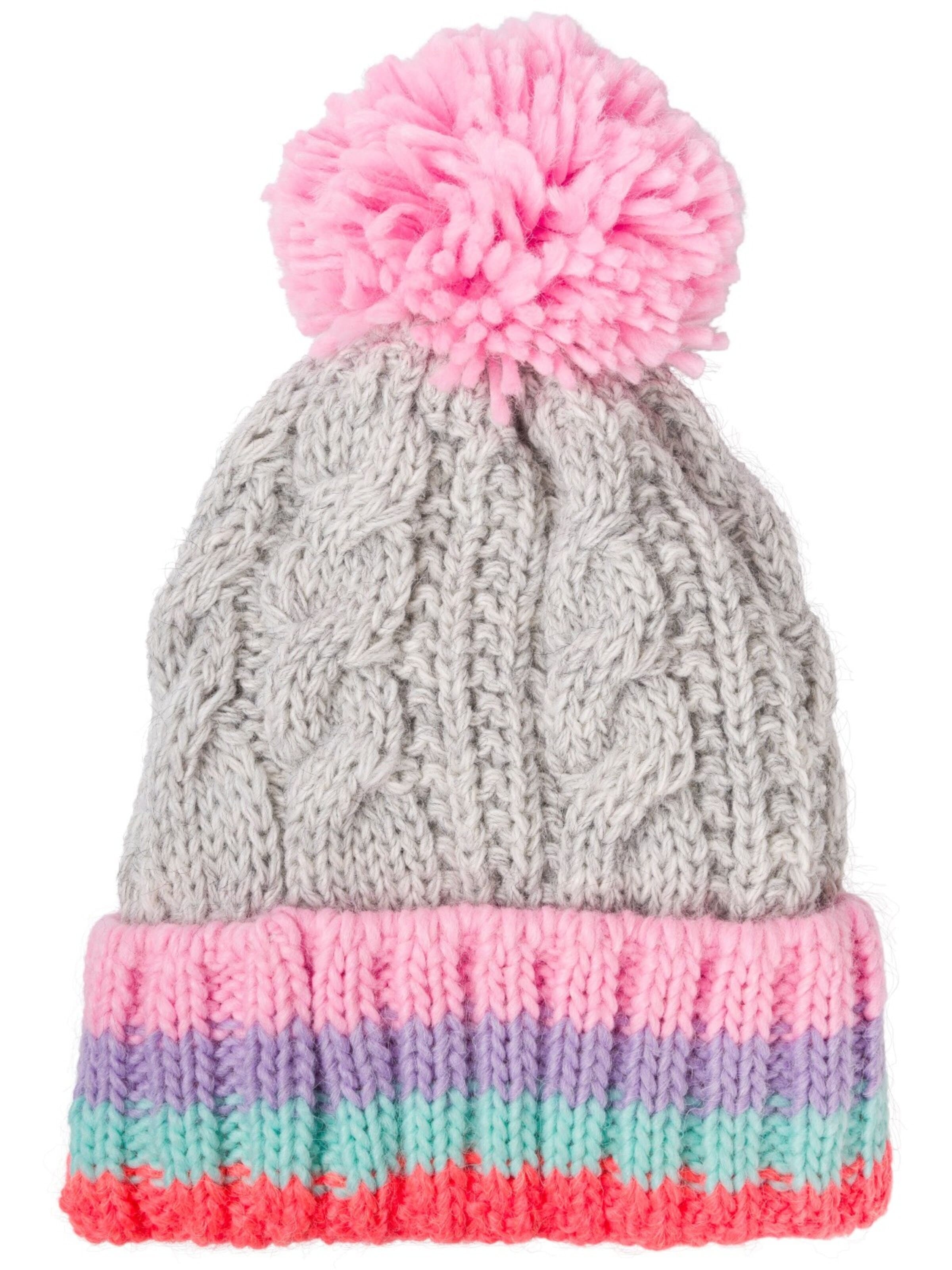 styleBREAKER Beanie 'Kinder Strick Bommelmütze Zopfmuster' in Grey: front