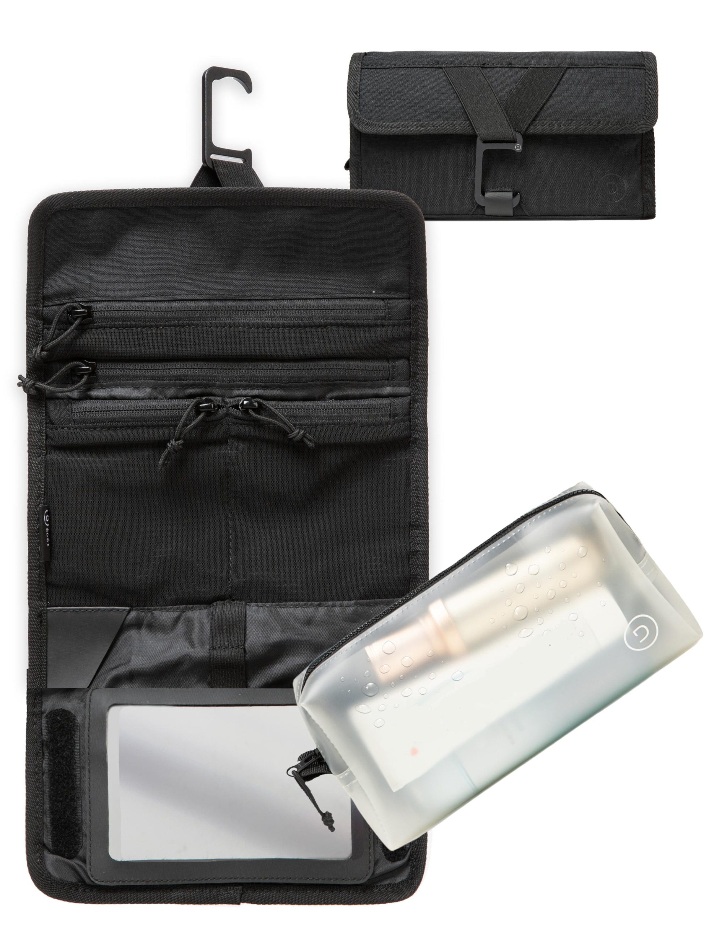 TRAVEL DUDE Toiletry bag 'Faltbare Kulturtasche für Damen & Herren – Kulturbeutel zum Aufhängen, Flache Waschtasche & Kosmetiktasche klein, Duschtasche Camping mit 1 Liter Beutel Flugzeug Handgepäck' in Black: front