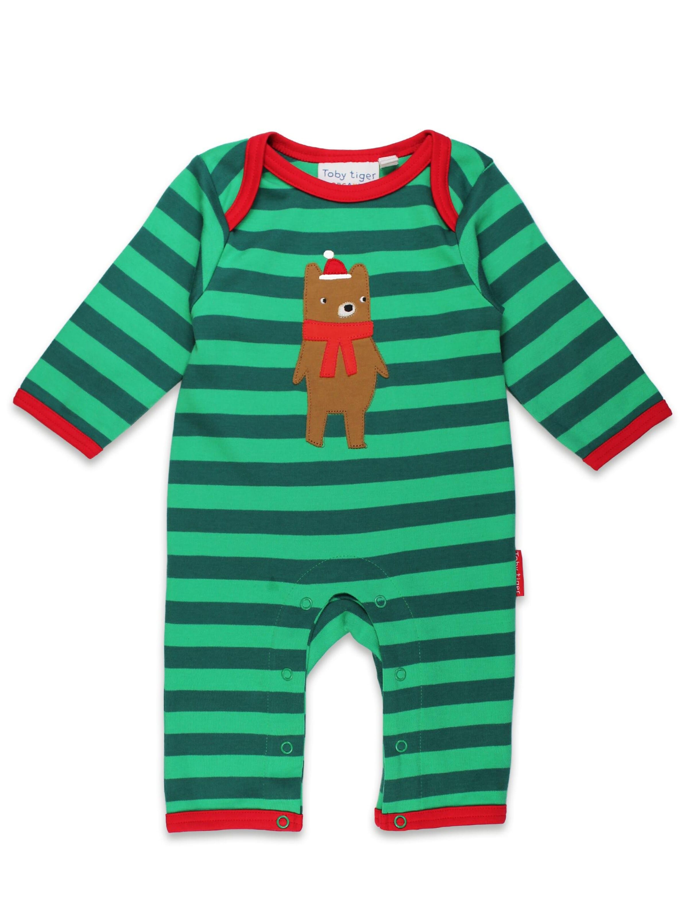 Toby Tiger Romper/Bodysuit 'Bio-Baumwoll Baby Schlafanzug einteilig mit Weihnachstbär-Applikation' in Green: front