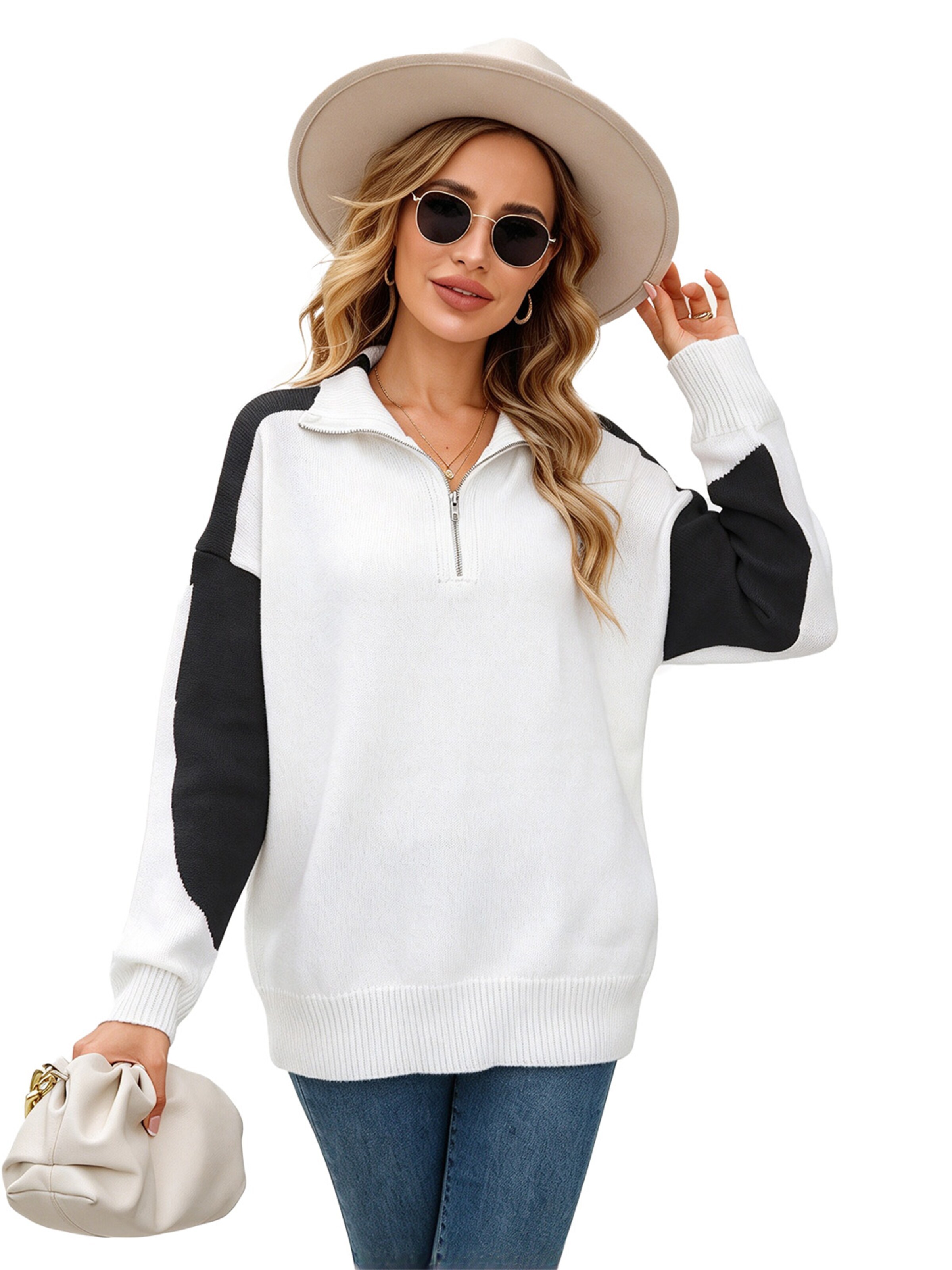 KoJooin Sweter 'Damen Oversize Strickpullover mit Stehkragen und Reißverschluss Lockerer Pullover mit Pull-Over' w kolorze czarny