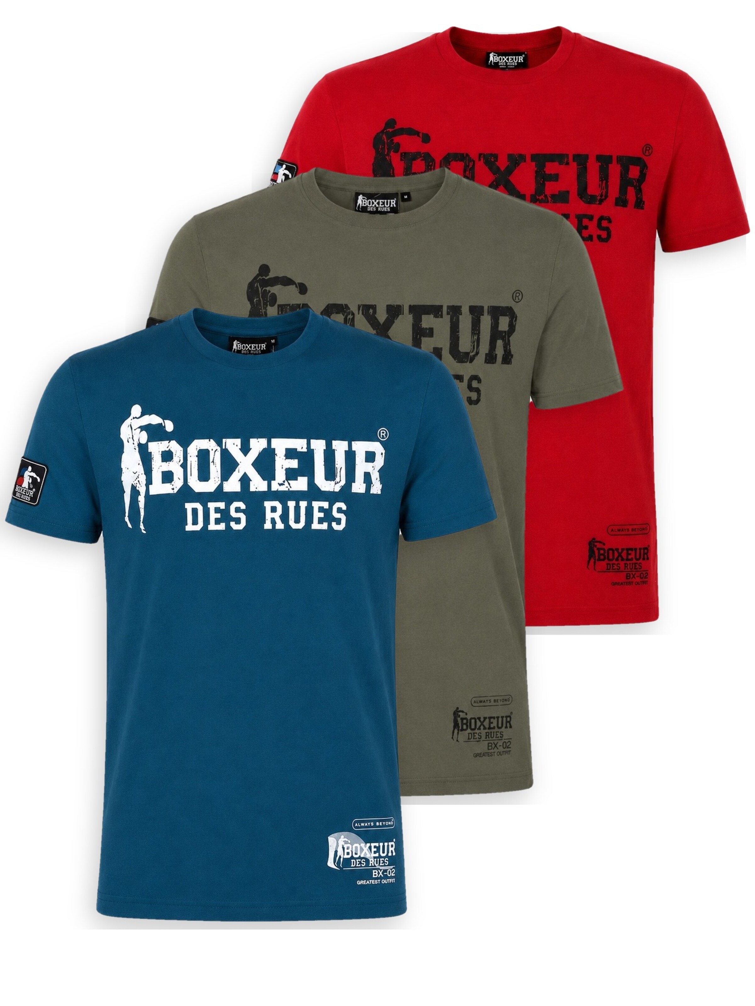 Boxeur des Rues Shirt 'Herren T-Shirt 3er-Pack Boxeur des Rues Slim Fit: Blau, Weißes Logo + Oliv, Schwarzes Logo + Rot, Schwarzes Logo'‌ in Mischfarben: Vorderseite