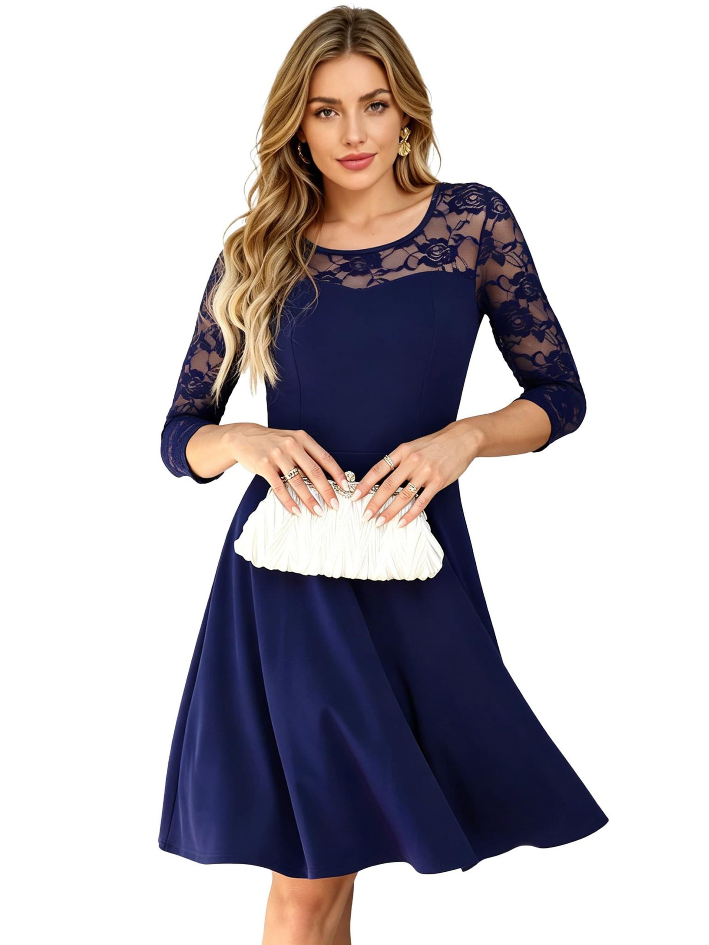 KoJooin Suknia wieczorowa 'Vintage-Brautjungfernkleid mit floraler Spitze, 2/3-Ärmeln und passendem Design' w kolorze niebieski