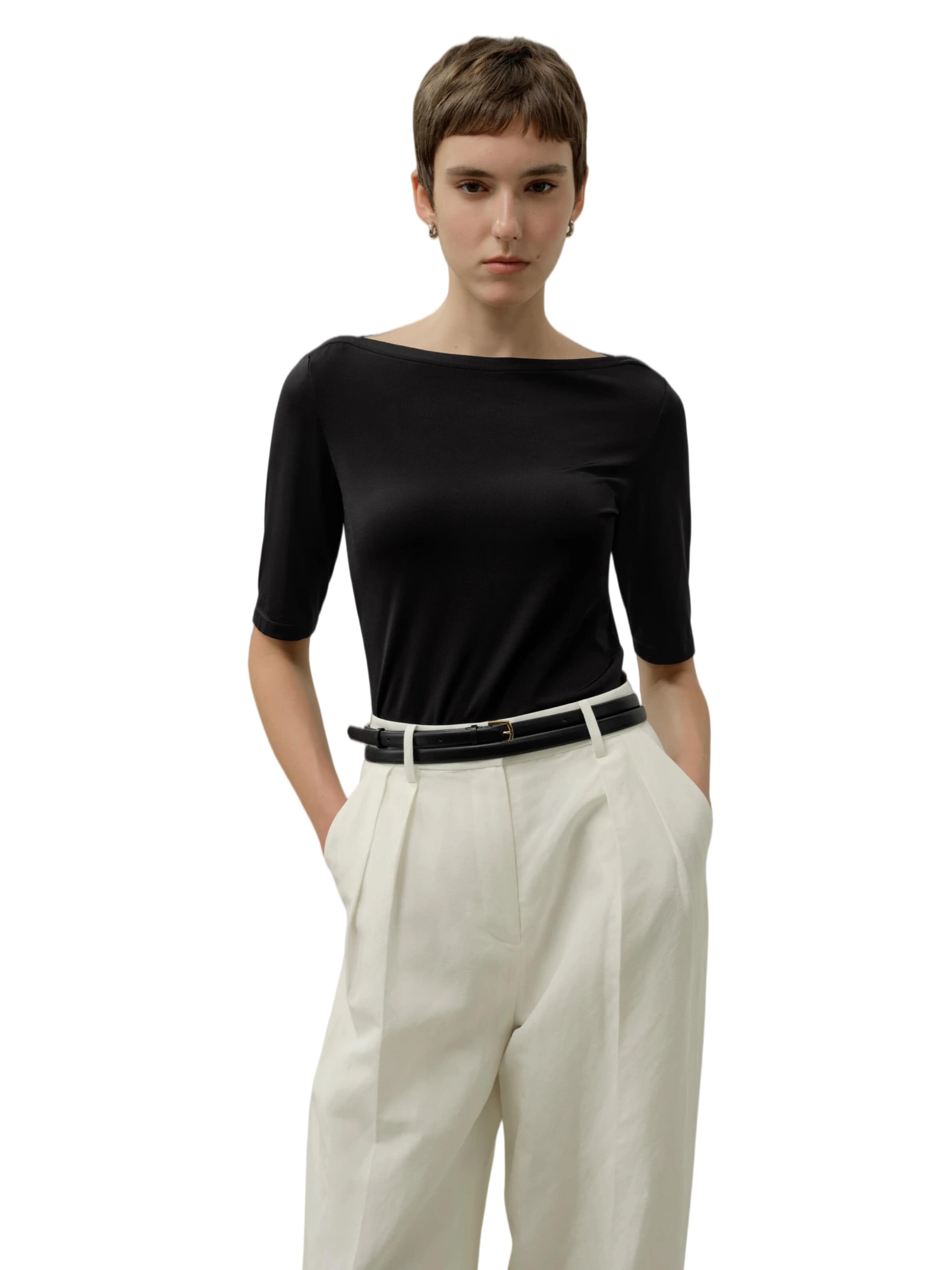 Lilysilk Shirt 'Seide Breeze Jersey V-Ausschnitt Basic T-Shirt' in Zwart