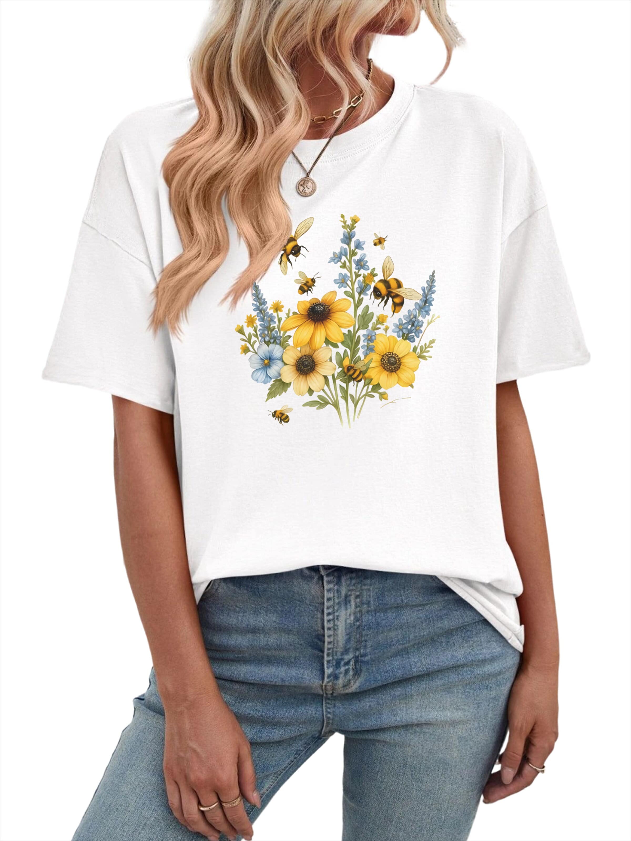 T-shirt oversize 'Women Short Sleeve T-Shirt with Flowers Print Tees' GORHEY en blanc : devant