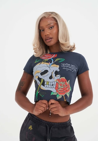 Ed Hardy Μπλουζάκι 'Totenkopf Kletterrose' σε γκρι: μπροστά