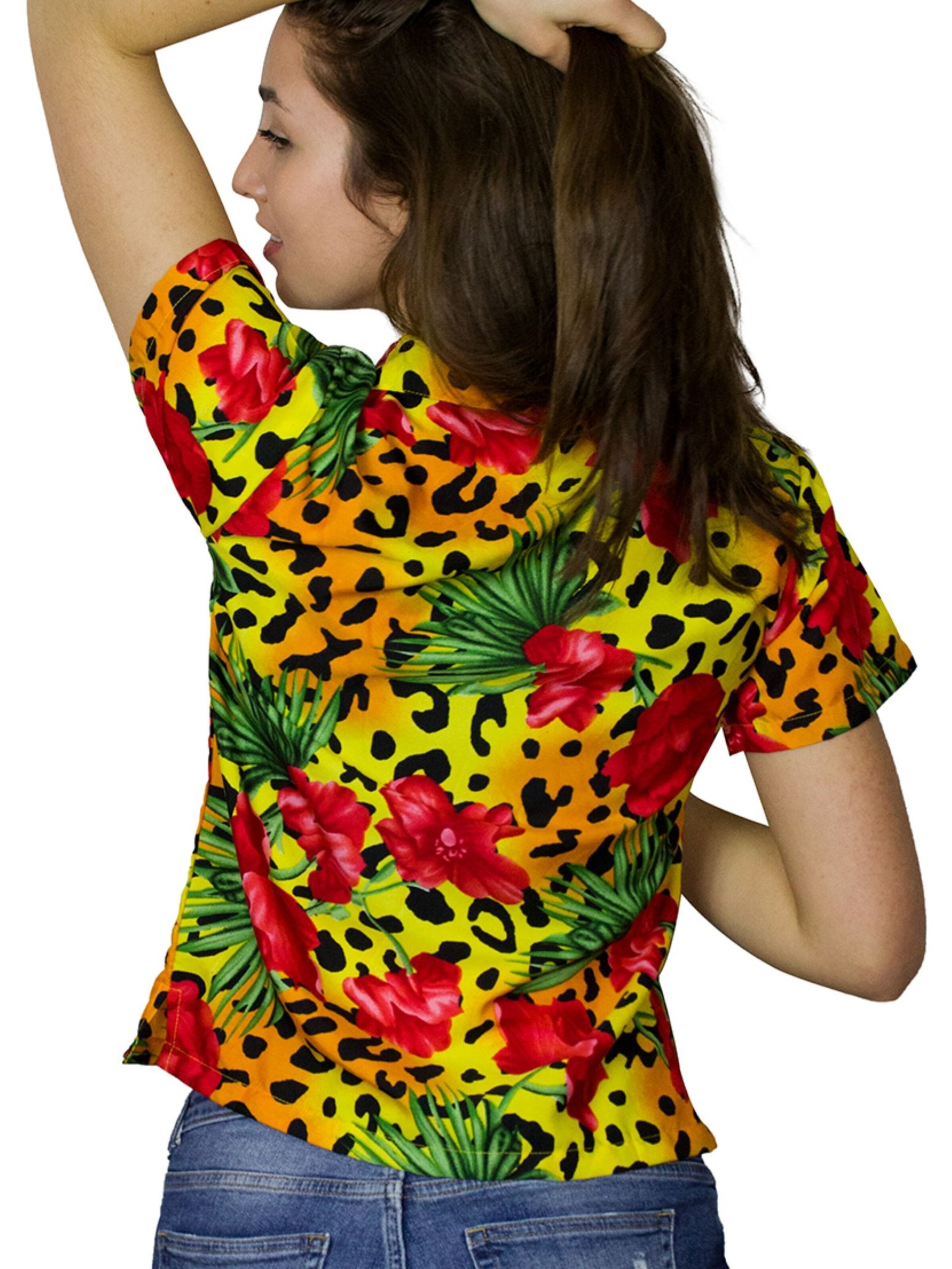 King Kameha Blouse 'Leopard Flowers' in Yellow