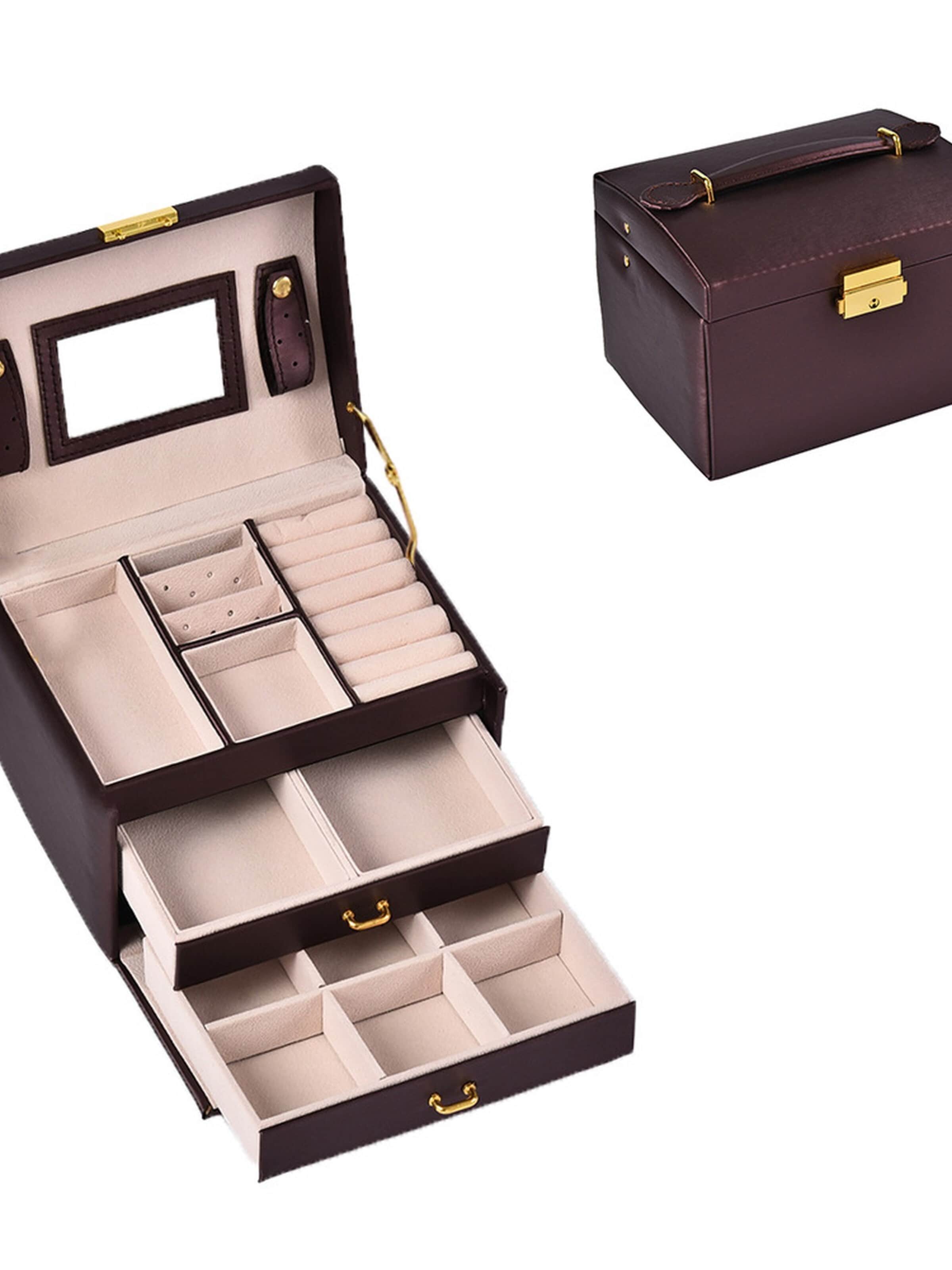 UNIQ Beauty Sieraden-bewaring 'Jewellery Box – 3-Layer Organizer with Mirror, Drawers & Lock (Brown)' in Bruin
