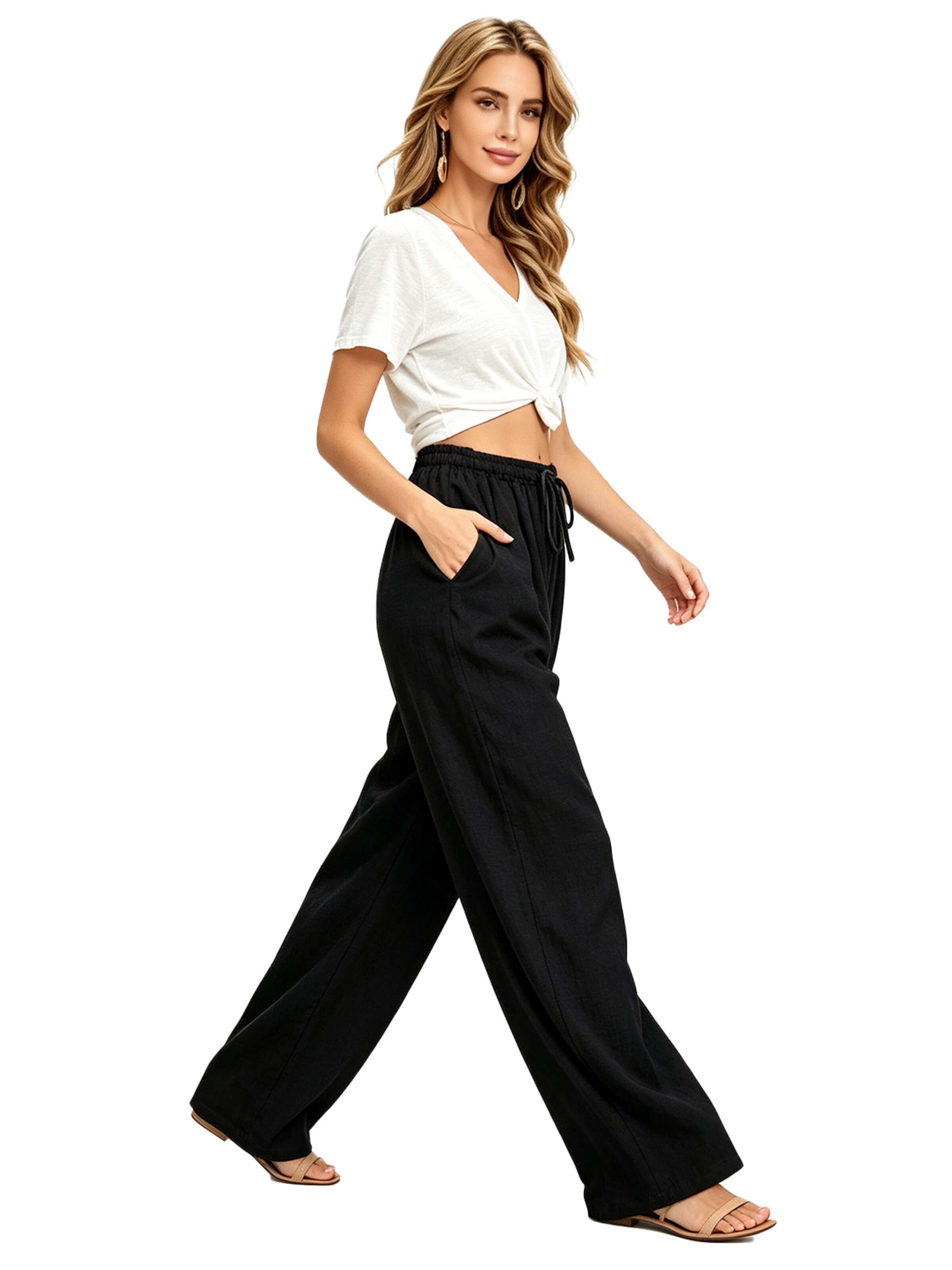 KoJooin Szeroka nogawka Spodnie 'Damen Baumwoll-Leinen-Hose mit Kordelzug,hoher Taille und weitem Bein Bequeme, lockere Freizeithose' w kolorze czarny