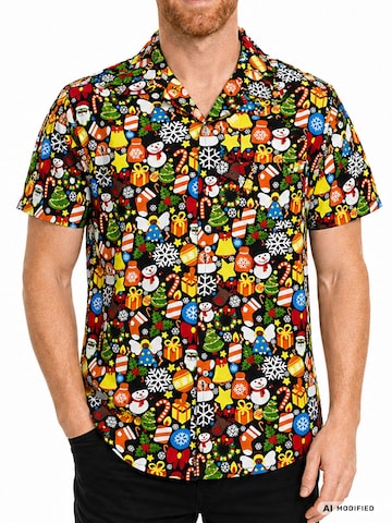 King Kameha Regular fit Button Up Shirt 'Christmas Allover' in Black